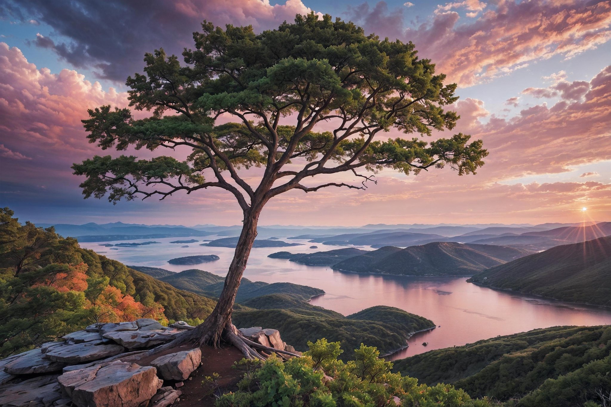 professional  photo of a a huge dead tree on a mountain with a view of the clouds below it and a sunset in the distance with a pink sky, Choi Buk, award-winning photograph, a jigsaw puzzle, hudson river school, insane details, cinematic light, detailed, color grading, sunrise  <lora:Instant_landscaper_XL:0.7> 