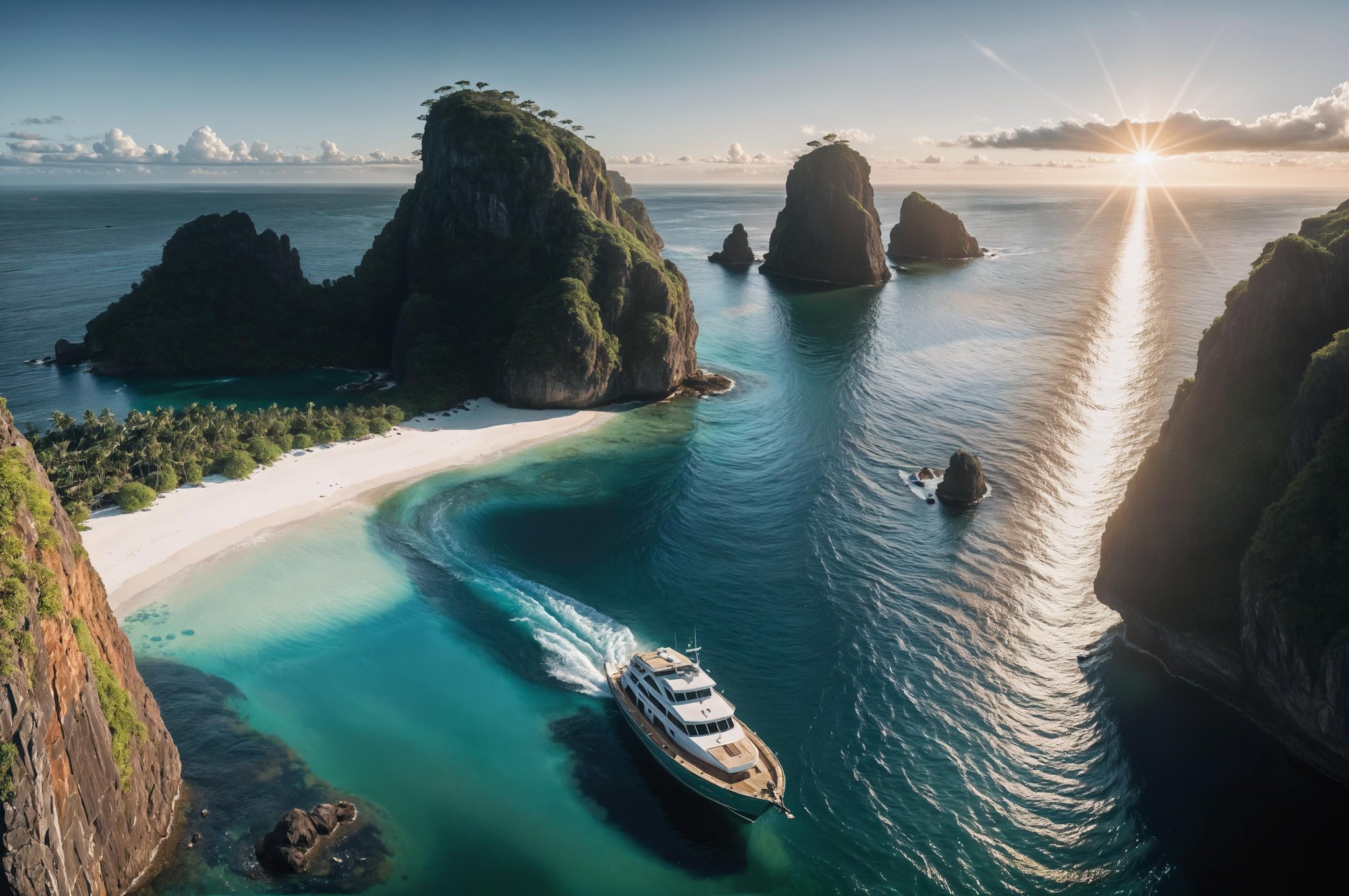 professional  photo of a boat is in the water between two large rocks in the middle of the ocean with a few islands in the background, Andrew Law, beautiful landscape, sumatraism, insane details, cinematic light, detailed, color grading, sunrise  <lora:Instant_landscaper_XL:0.7> 