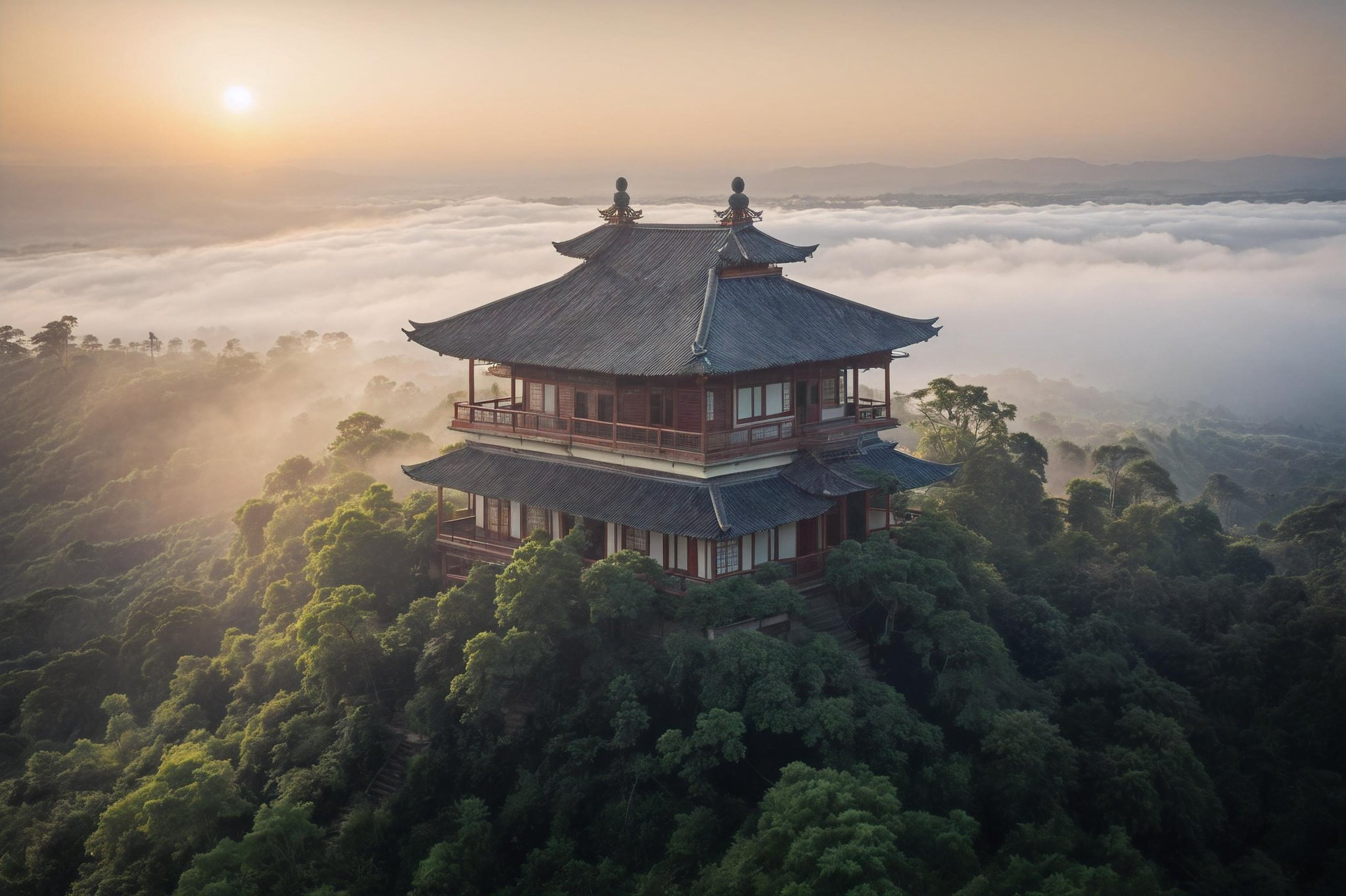 a small building in the middle of a forest with fog in the air and a sun setting behind it, David Martin, mystical, sumatraism, award-winning photograph, naturalism, insane details, cinematic light, detailed, color grading, sunrise  <lora:Instant_landscaper_XL:0.7> 