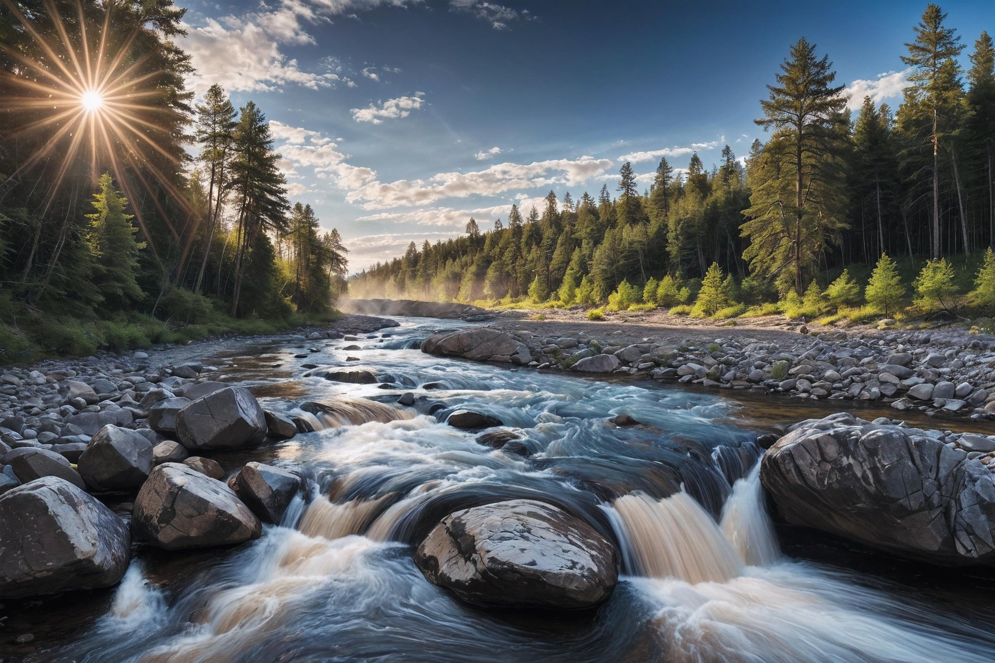 professional  photo of a river with rocks and water running through it and a blue sky with clouds above it and a few trees, Allan Brooks, river, a stock photo, naturalism, insane details, cinematic light, detailed, color grading, sunrise  <lora:Instant_landscaper_XL:0.7> 
