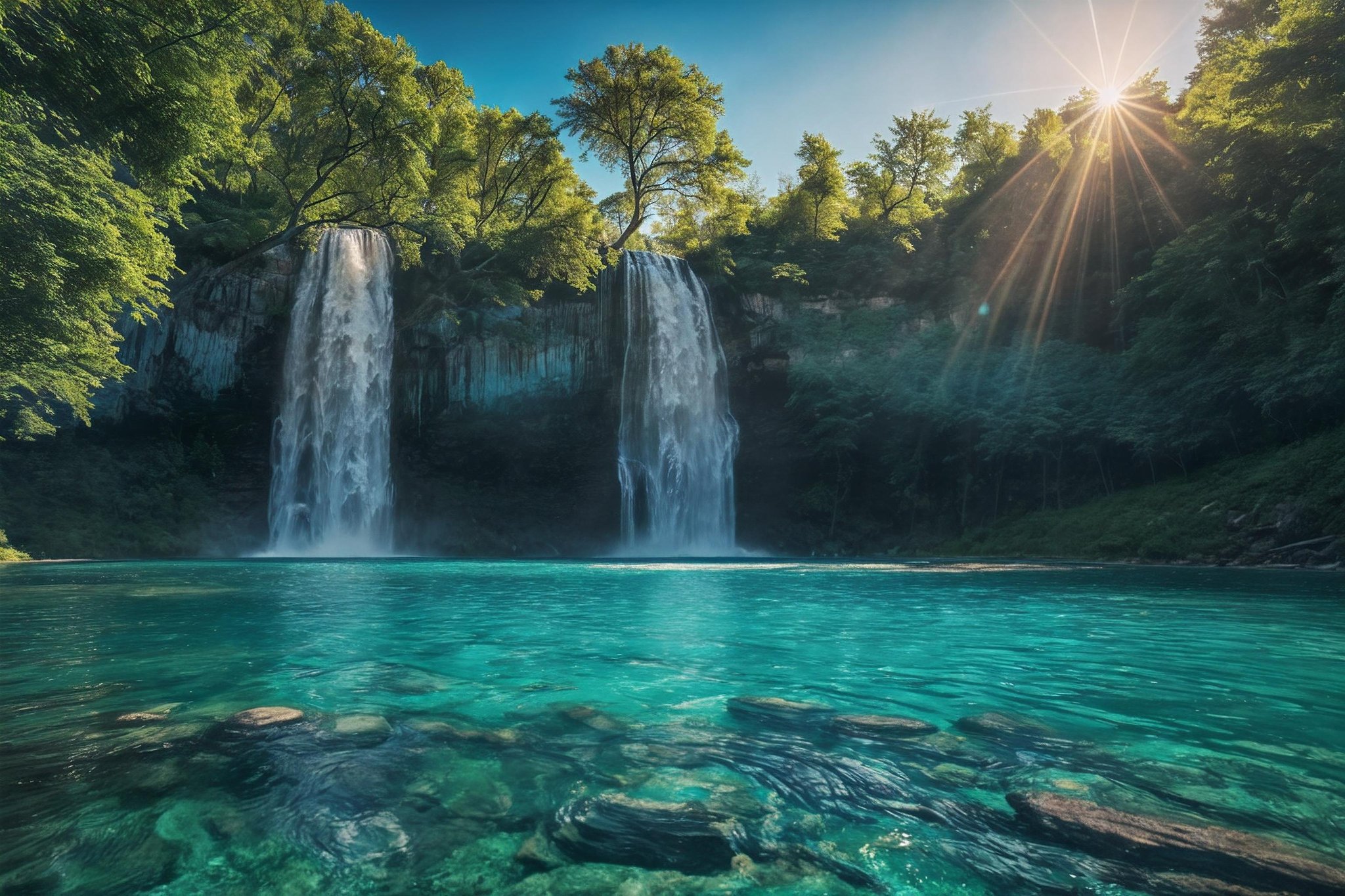 a large waterfall with a tree in the middle of it and a rock in the middle of the turquoise water, Ferenc Joachim, waterfall, award-winning photograph, naturalism, insane details, cinematic light, detailed, color grading, sunrise  <lora:Instant_landscaper_XL:0.7> 