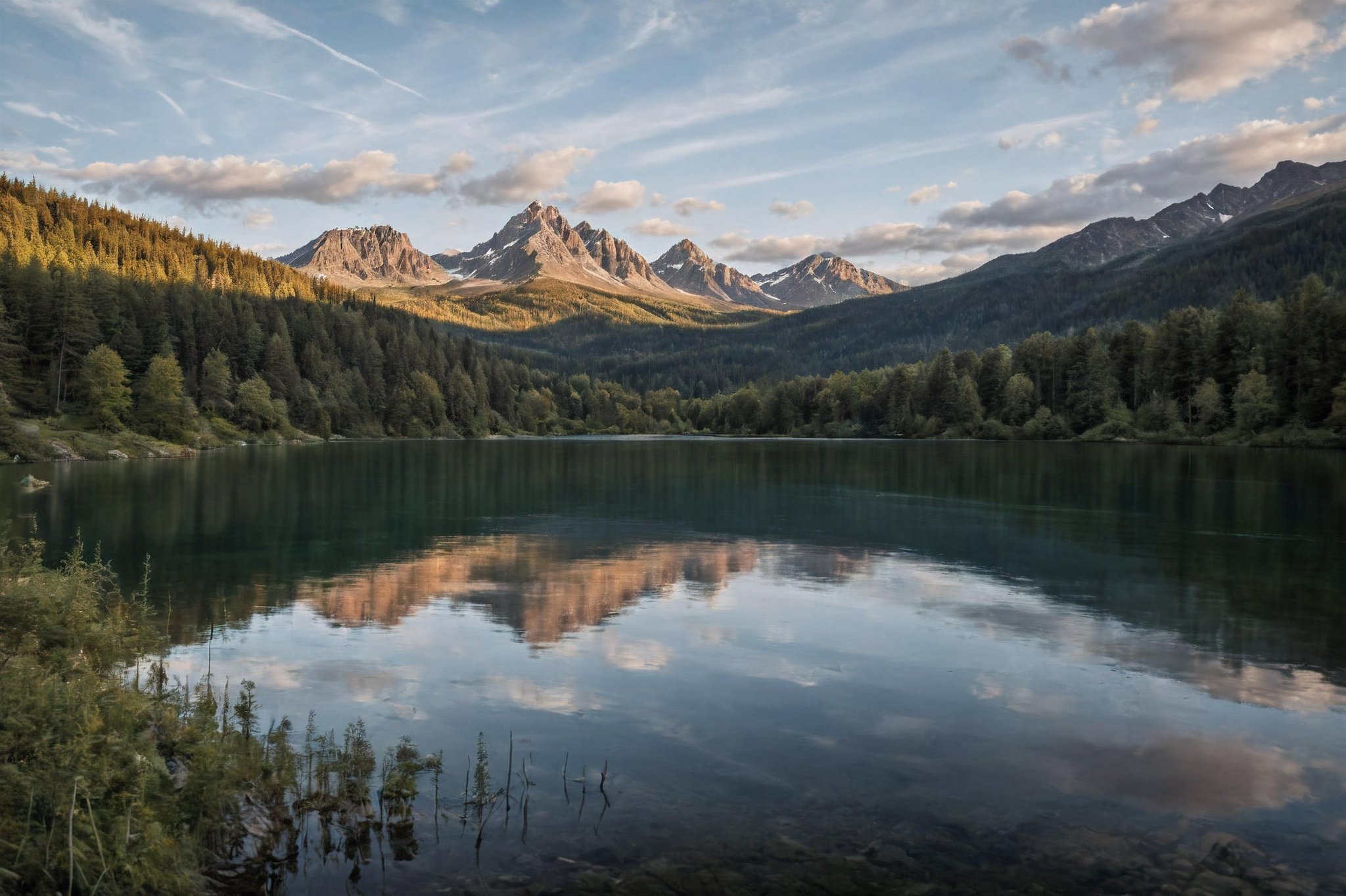 a lake with a mountain in the background and a cloudy sky above it with a few clouds in the sky, Derold Page, matte painting, naturalism, polarizing filter, insane details, cinematic light, detailed, color grading, post processing, sunrise  <lora:Instant_landscaper_XL:0.7>