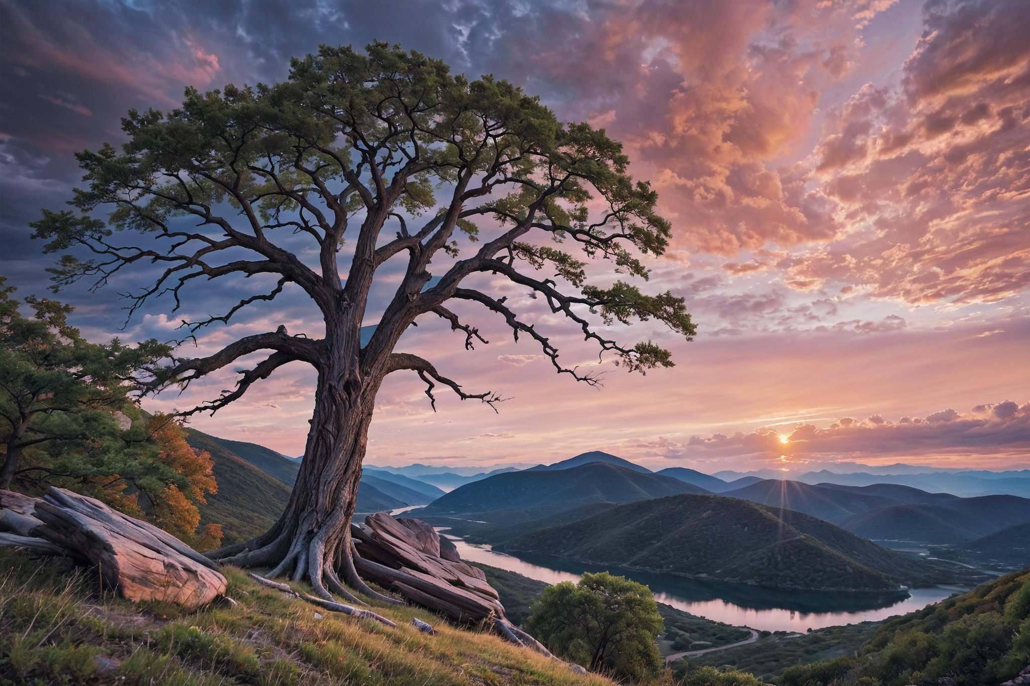 professional  photo of a a huge dead dominant tree on a mountain with a view of the clouds below it and a sunset in the distance with a pink sky, Choi Buk, award-winning photograph, a jigsaw puzzle, hudson river school, insane details, cinematic light, detailed, color grading, sunrise  <lora:Instant_landscaper_XL:0.7> 