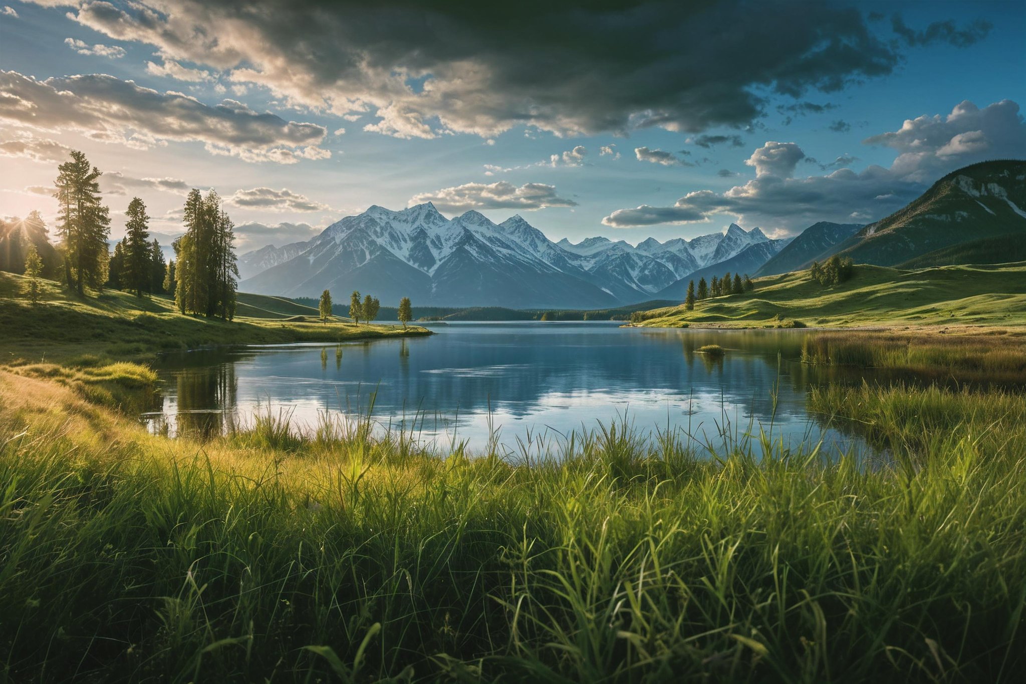professional  photo of a lake surrounded by mountains and grass with a cloudy sky above it and a few trees in the foreground, Arkhip Kuindzhi, award-winning photograph, a matte painting, naturalism, insane details, cinematic light, detailed, color grading, sunrise  <lora:Instant_landscaper_XL:0.7> 