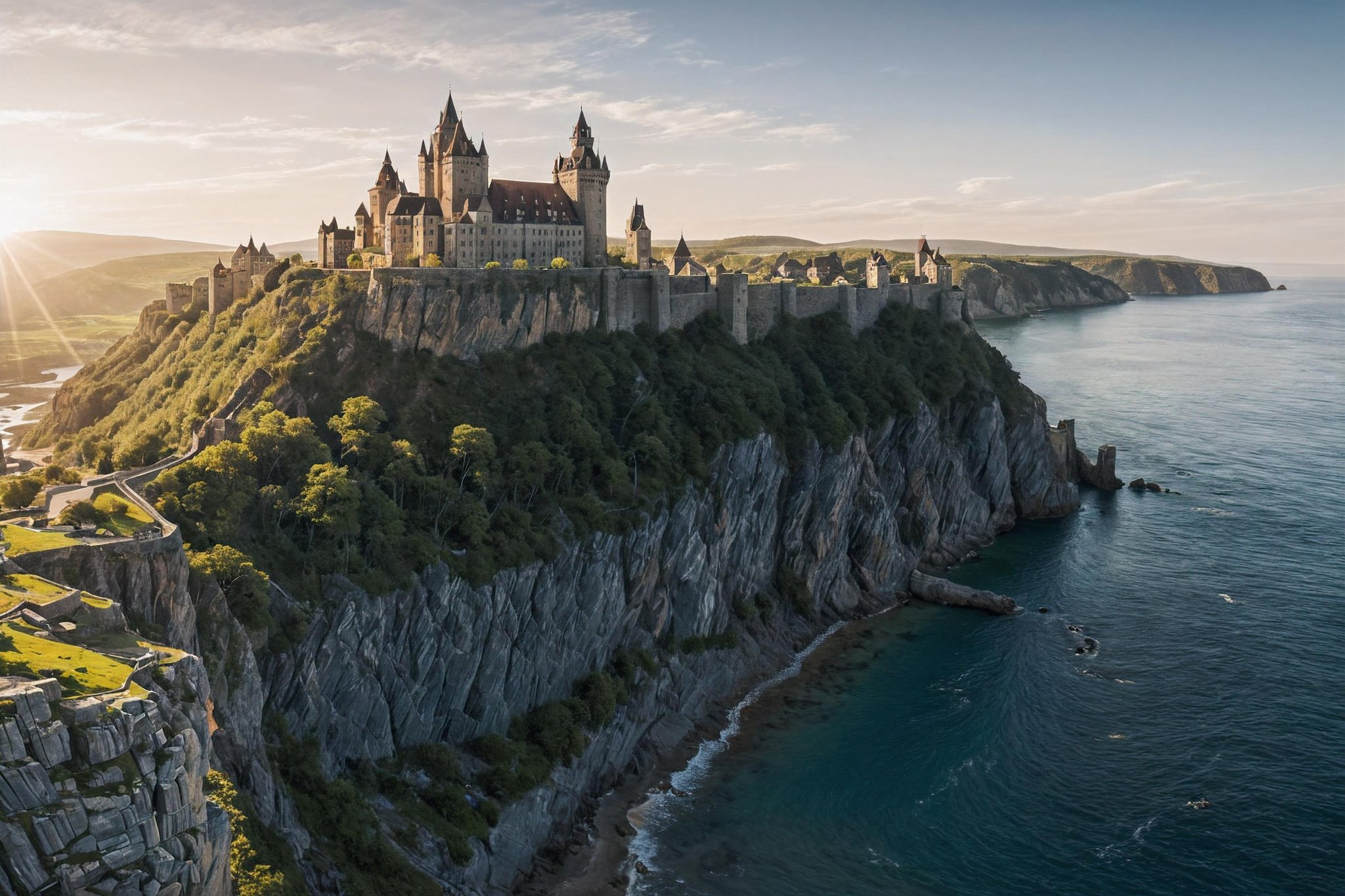 a castle on a cliff overlooking the ocean and a town on the other side of the cliff is a small town, Artur Grottger, panoramic view, a matte painting, regionalism, award-winning photograph, insane details, cinematic light, detailed, color grading, sunrise  <lora:Instant_landscaper_XL:0.7> 