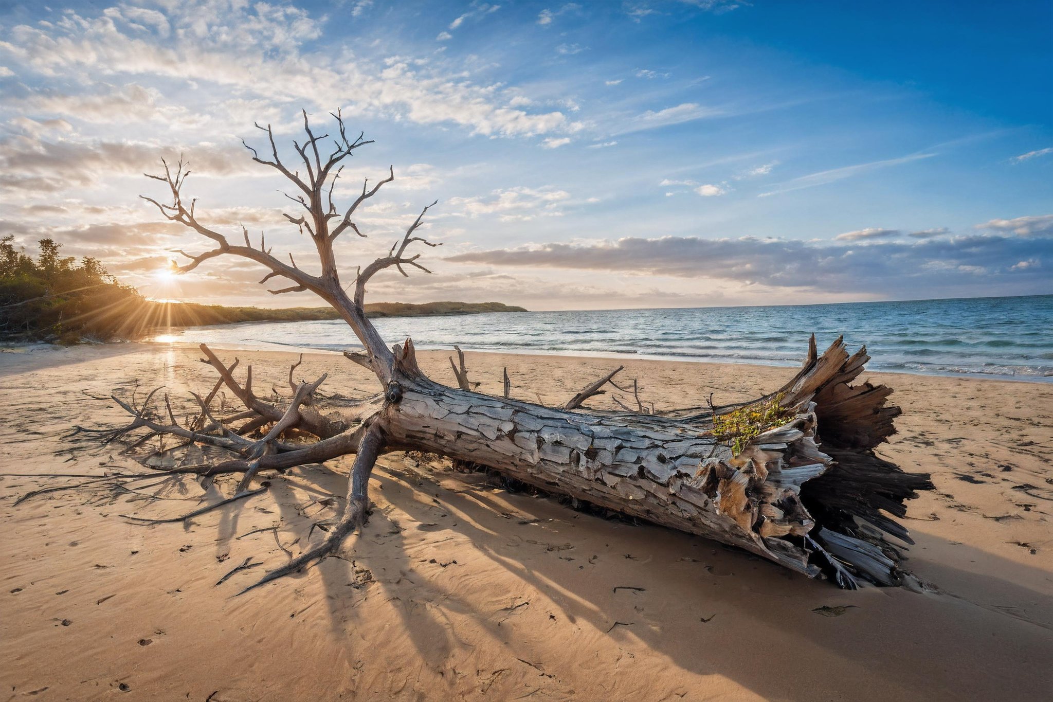 a dead tree that is sitting in the sand near the water on a beach with a blue sky and clouds, Florianne Becker, award - winning photography, a stock photo, ecological art, insane details, cinematic light, detailed, color grading, post processing, sunrise  <lora:Instant_landscaper_XL:0.7>