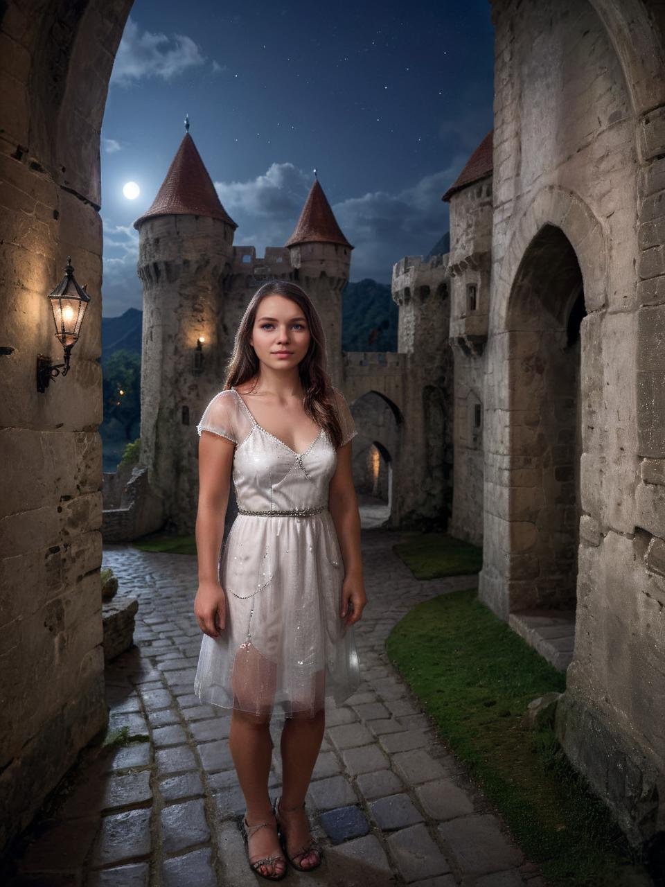 Hyperrealistic art beautiful cute 28 y.o. Vala woman is standing castle's courtyard, wearing white transparent dress,  manor, old castle, stone walls,night   <lora:polyhedron_god rays-000007:0.6>  <lora:Castle_manor:0.8>  <lora:Vanilka:0.9> . Extremely high-resolution details, photographic, realism pushed to extreme, fine texture, incredibly lifelike