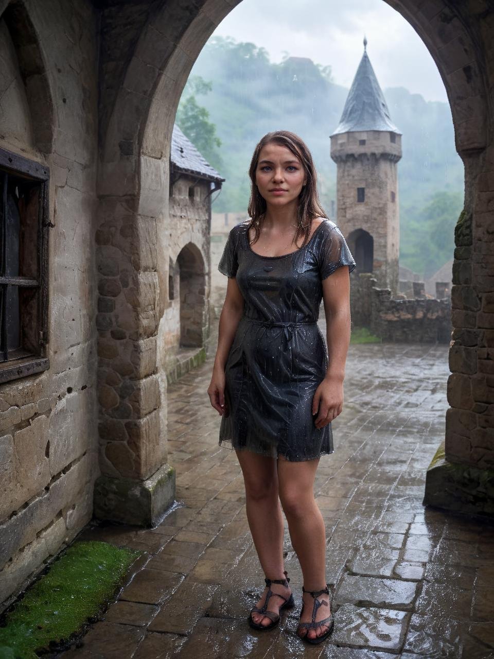 Hyperrealistic art beautiful cute 28 y.o. Vala woman is standing castle's courtyard, wearing wet transparent dress,  manorhouse, old castle, stone walls, rain,   <lora:polyhedron_god rays-000007:0.6>  <lora:Castle_manor:0.8>  <lora:Vanilka:0.9> . Extremely high-resolution details, photographic, realism pushed to extreme, fine texture, incredibly lifelike