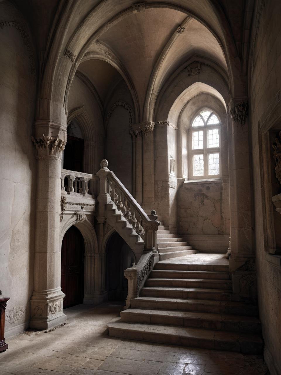 Hyperrealistic art manor house, castle indoor, hall, stairs, column, arch  <lora:polyhedron_god rays-000007:0.6>  <lora:Castle_manor:1.1>  . Extremely high-resolution details, photographic, realism pushed to extreme, fine texture, incredibly lifelike