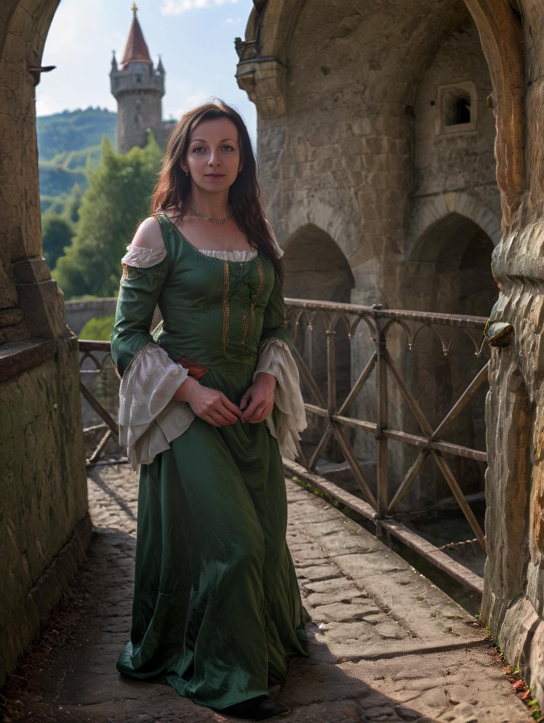 Hyperrealistic art beautiful cute 40 y.o. <lora:Mjulla_XL:1.2> Julka girl  is standing next to castle bridge, wearing green baroque dress, castle in background . Extremely high-resolution details, photographic, realism pushed to extreme, fine texture, incredibly lifelike  <lora:polyhedron_god rays-000007:0.4> <lora:Castle_manor:0.6>