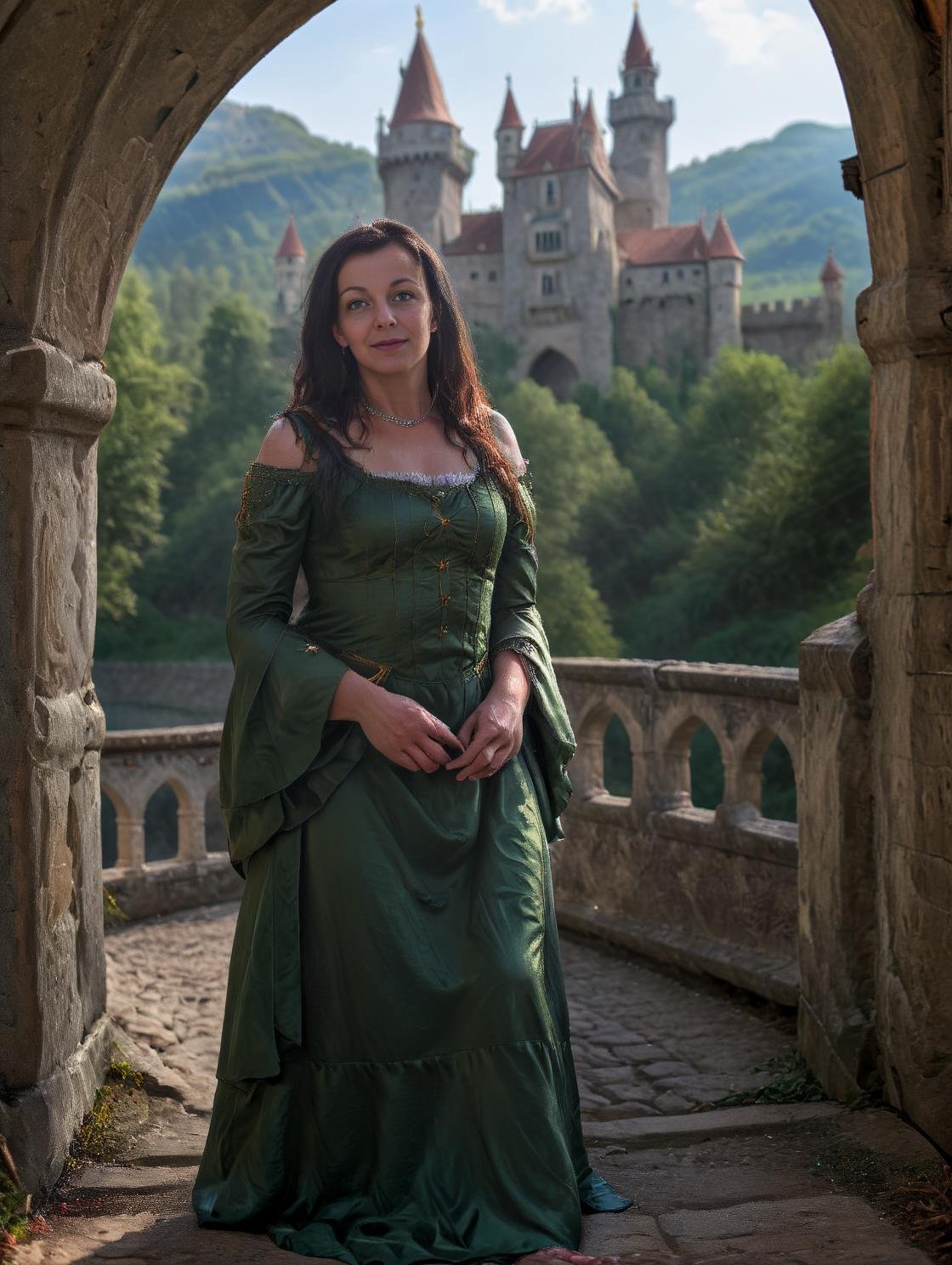 Hyperrealistic art beautiful cute 40 y.o. <lora:Mjulla_XL:1.2> Julka girl  is standing next to castle bridge, wearing green baroque dress, castle in background . Extremely high-resolution details, photographic, realism pushed to extreme, fine texture, incredibly lifelike  <lora:polyhedron_god rays-000007:0.4> <lora:Castle_manor:0.6>