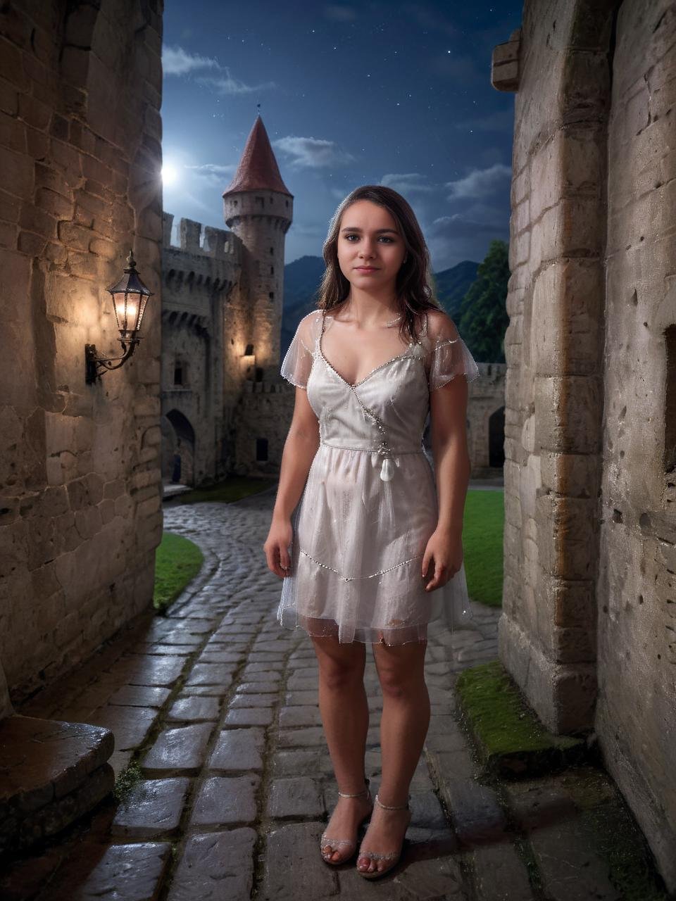 Hyperrealistic art beautiful cute 28 y.o. Vala woman is standing castle's courtyard, wearing white transparent dress,  manor, old castle, stone walls,night   <lora:polyhedron_god rays-000007:0.6>  <lora:Castle_manor:0.8>  <lora:Vanilka:0.9> . Extremely high-resolution details, photographic, realism pushed to extreme, fine texture, incredibly lifelike