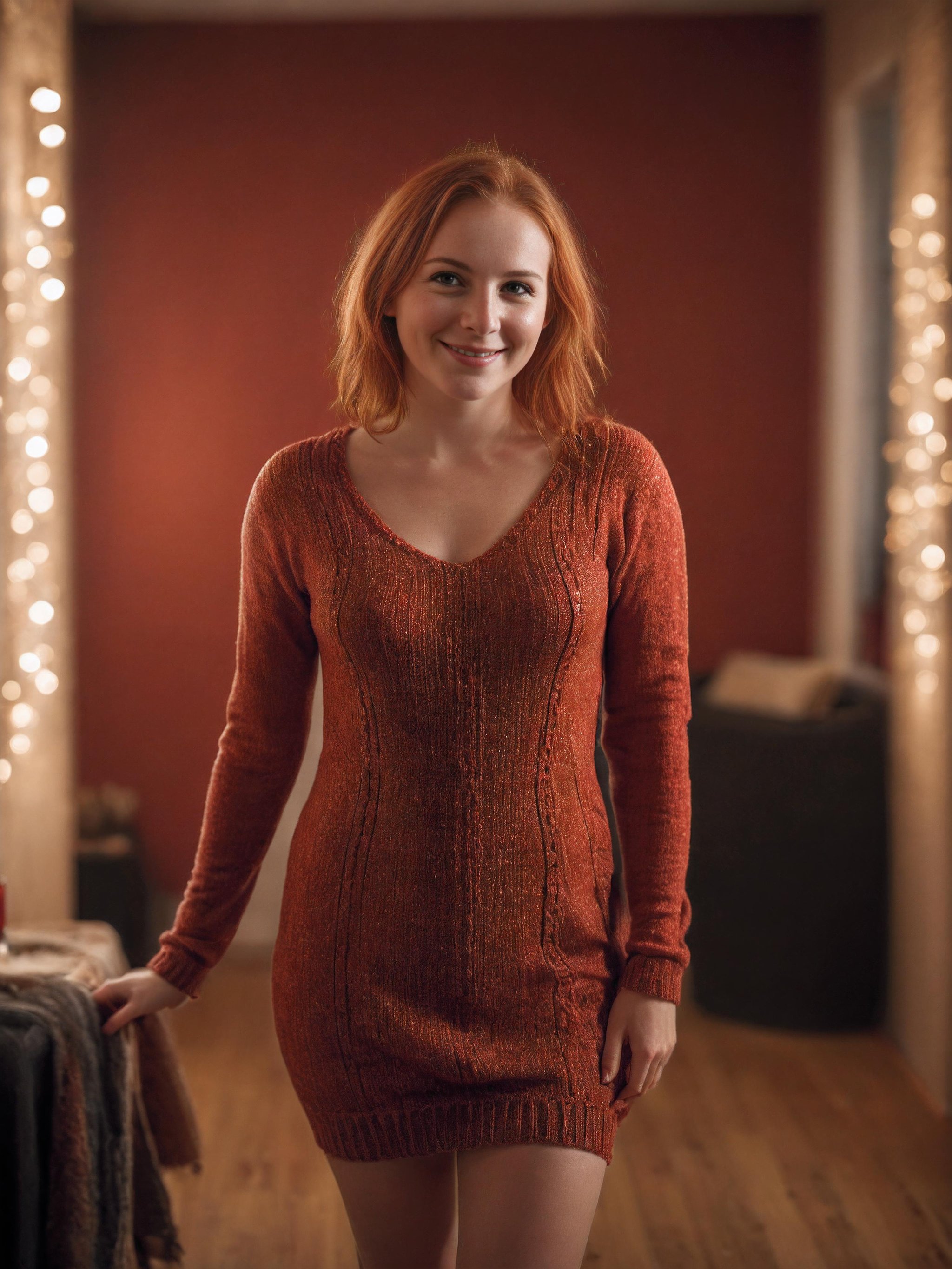 cinematic film still (full body shot:1.2) of 18joy redhead:1.2, dazzling smile, realistic skin texture, knitted minidress, (red:0.8), softcore, warm lighting, cosy atmosphere. shallow depth of field, vignette, highly detailed, high budget, bokeh, cinemascope, moody, epic, gorgeous, film grain, grainy