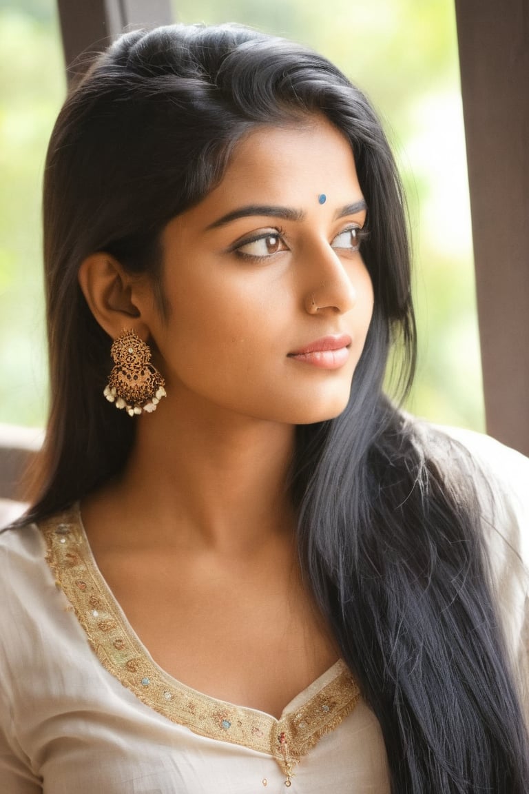 lovely cute young attractive indian girl, blue eyes, gorgeous actress, 23 years old, cute, an Instagram model, long hair, black hair, Indian, weaaring blouse, wearing bindi in forehead, ear rings,looking hot, under sunlight, looking on window,