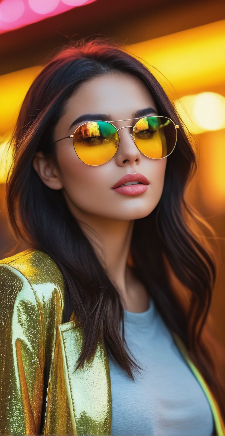 (highres,  realistic:1.2), portrait, beautiful face, gorgeous eyes, full lips, long dark hair, fashionable outfit, confident pose, stylish sunglasses, neon light, atmospheric cinematic background, vibrant colors, soft bokeh, artistic ambiance, subtle lighting, ,tall woman with yellow eyes,photorealistic