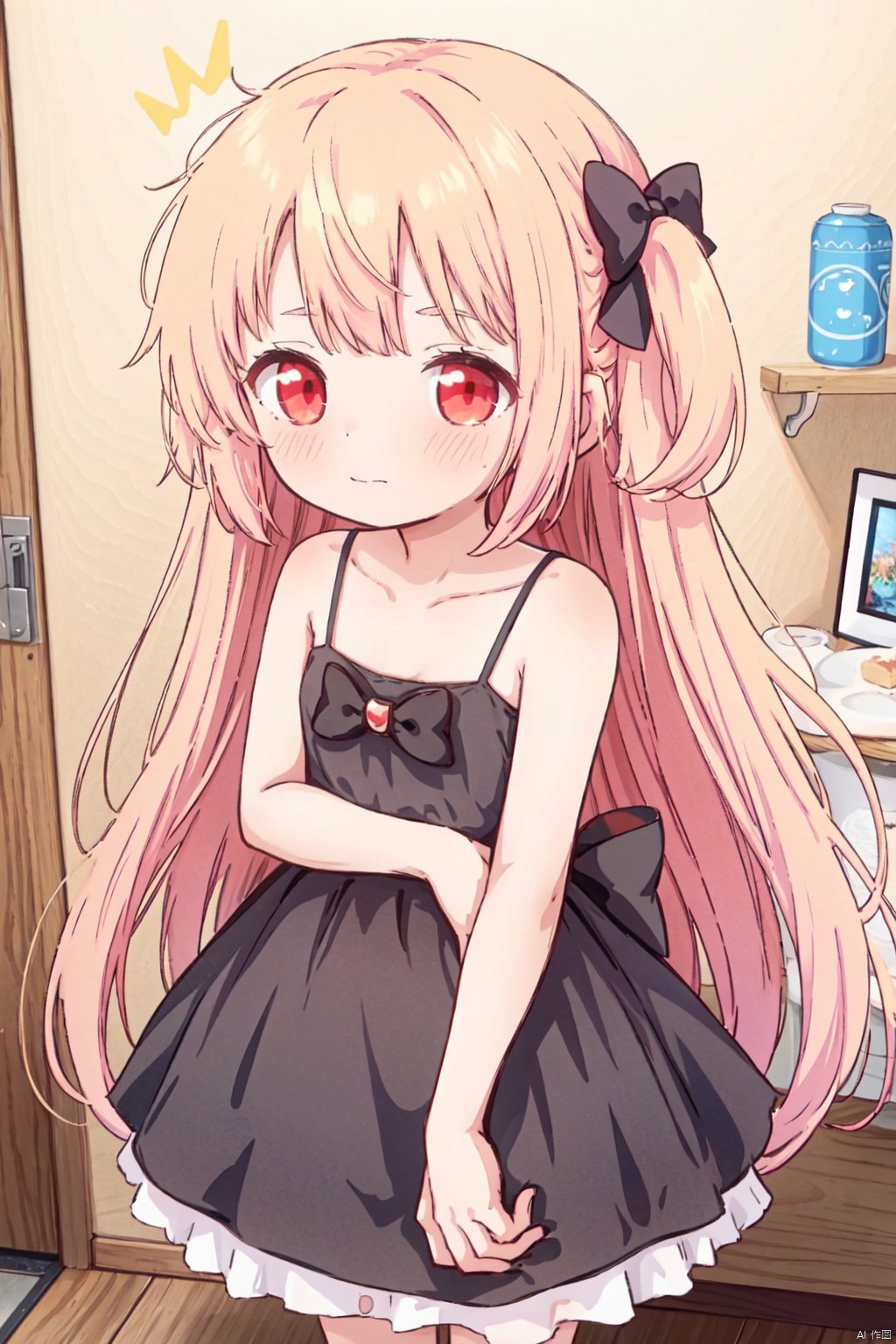  1girl, solo, long hair, looking at viewer, blush, bangs, blonde hair, hair ornament, red eyes, dress, bow, bare shoulders, very long hair, closed mouth, collarbone, hair bow, sleeveless, indoors, virtual youtuber, off shoulder, nail polish, black dress, two side up, parted bangs, bare arms, black bow, sleeveless dress, strap slip,loli,caiyuan, 30710