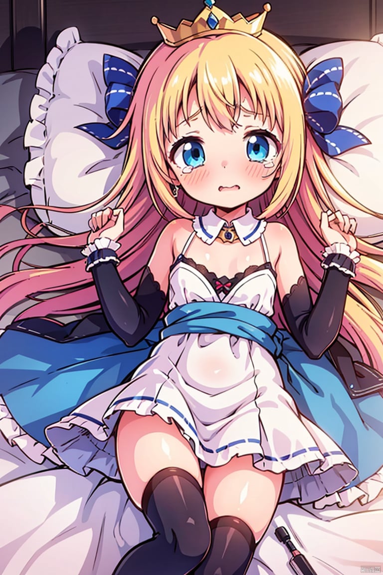  caiyuan, 1girl, long hair, blonde hair, blue eyes, thighhighs, lying, small breasts, very long hair, blush, dress, dress pull, on back, crown, detached collar, tears, jewelry, bow, solo focus, hair ornament, loli, stuffed toy, frills,