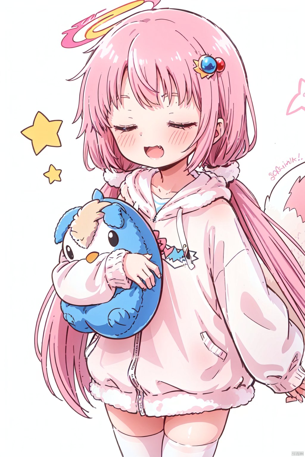 1girl,takanashi_hoshino,halo,sleeping,pink_hair,long_hair,ahoge,zzz,closed_eyes,hood,twintails,long_sleeves,hair_ornament,animal_costume,very_long_hair,socks,smile,shark_costume,bangs,sleeves_past_wrists,sleeves_past_fingers,open_mouth,blush,hair_bobbles,tail,animal_hood,standing,simple_background,white_background,hoodie,low_twintails,sparkle,stuffed_toy,loli, caiyuan