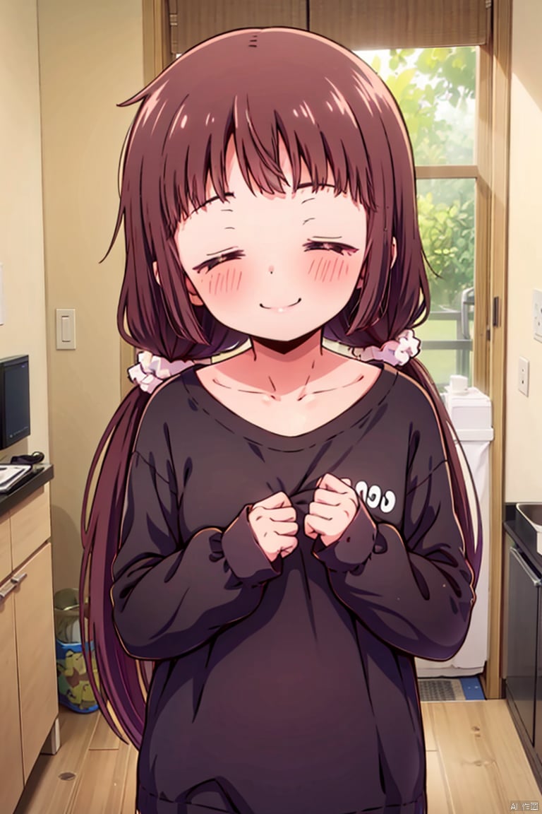  caiyuan, 1girl, solo, long hair, brown hair, smile, closed eyes, twintails, blush, scrunchie, shirt, pajamas, low twintails, collarbone, hair ornament, upper body, indoors, sleeves past wrists, long sleeves, hair scrunchie, closed mouth,