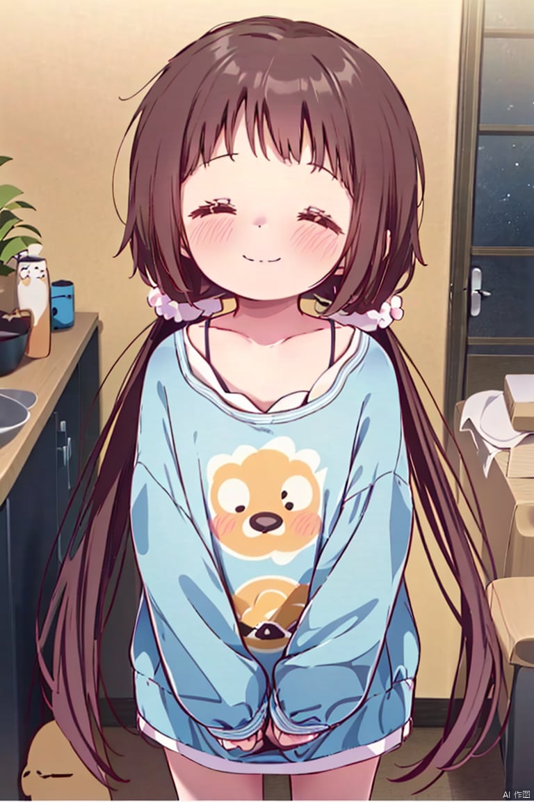  caiyuan, 1girl, solo, long hair, brown hair, smile, closed eyes, twintails, blush, scrunchie, shirt, pajamas, low twintails, collarbone, hair ornament, upper body, indoors, sleeves past wrists, long sleeves, hair scrunchie, closed mouth, 30710, loli