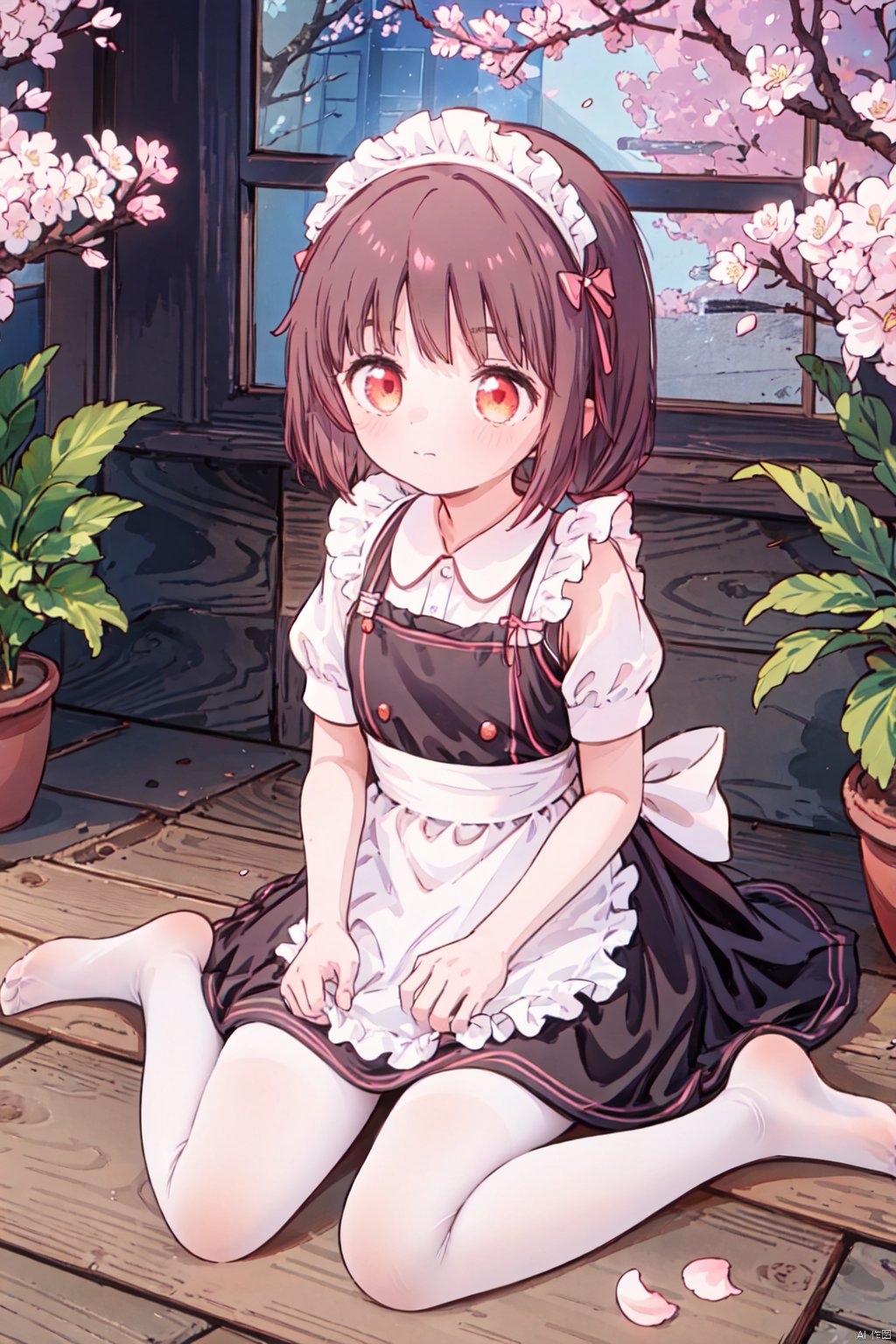  best shadow,movie tonal, cinematic lighting,light rays,1girl,solo,{{delicate face}},long_hair,dress,palette_(object),barefoot,sitting,white_dress,maid_headdress,puffy_short_sleeves,apron,maid,bangs,black_ribbon,closed_mouth,one hand on chin,full_body,easel,day,Pink_flower,flowers,Cherry blossom,Cherry tree.,holding,painting_(action),outdoors,canvas_(object),paintbrush,Cherry blossom petals,The cherry blossoms are falling,painting_(object),best quality,amazing quality,very aesthetic,absurdres,sema, loli, caiyuan, 30710, nai3, white pantyhose, cuteloli