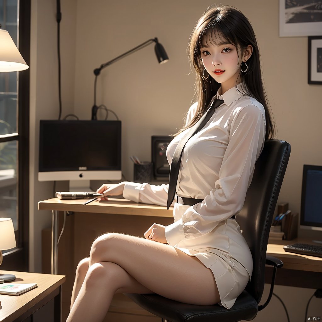  {very detailed light},{painting},{{very fine 8K CG wallpaper}}, (Premium, Best Quality, Art, Beauty and Aesthetics: 1.2),Castle,Vampire,1girl, solo, long hair, breasts, looking at viewer, smile, bangs, skirt, shirt, black hair, red eyes, long sleeves, brown eyes, medium breasts, sitting, white shirt, thighs, pleated skirt, parted lips, necktie, teeth, collared shirt, indoors, hand up, miniskirt, black skirt, lips, see-through, book, bare legs, window, dress shirt, makeup, feet out of frame, swept bangs, chair, crossed legs, lipstick, desk, hand in own hair, blue necktie, paper, red lips, pen, shirt tucked in, lamp, office lady, computer, monitor, office chair, office, desk lamp