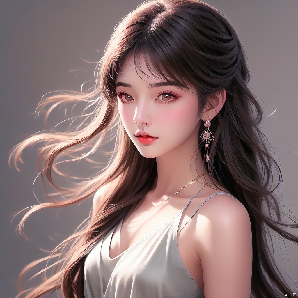 (Top quality, best quality, art, beauty and aesthetics: 1.2)1girl, solo, long hair, looking at viewer, brown hair, bare shoulders, brown eyes, upper body, grey background, camisole, realistic,A closed mouth