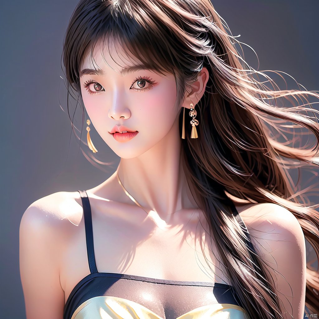 (Top quality, best quality, art, beauty and aesthetics: 1.2)1girl, solo, long hair, looking at viewer, brown hair, bare shoulders, brown eyes, upper body, grey background, lips, camisole, realistic, Asian girl