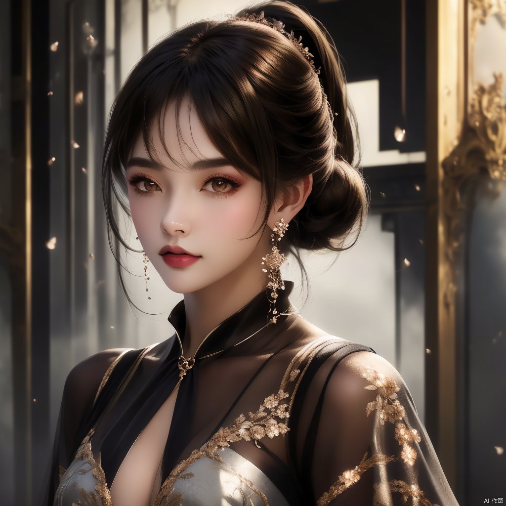  (masterpiece, top quality, best quality, official art, beautiful and aesthetic:1.4),1Girl with ruthless eyes, photo taken, 
Deep V-sheer dress, metal earrings, double ponytails, black straight hair, Gothic dark style, realism, black painting, rich layers, realistic and concrete painting, portrait style, photo art, ultra clear, details, light gray background,Elegant, front facing lens