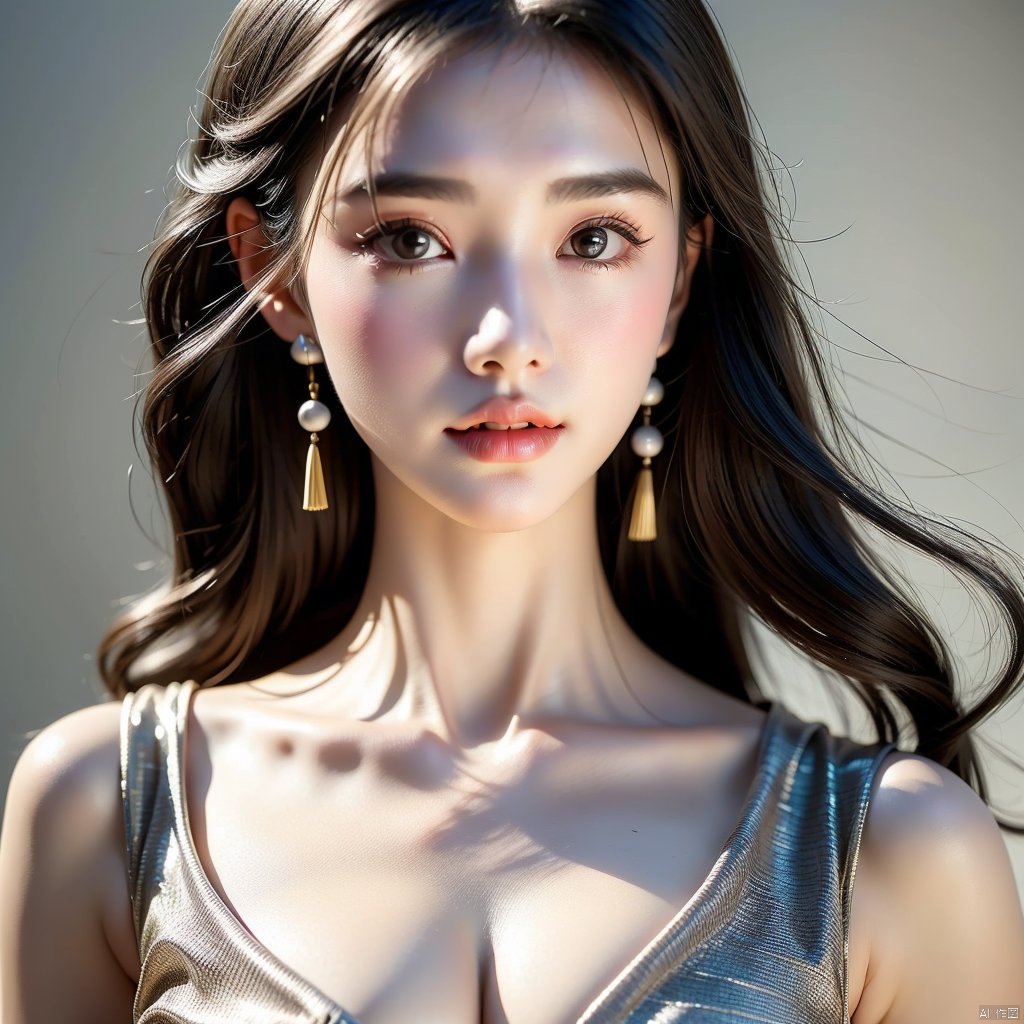 (Top quality, best quality, art, beauty and aesthetics: 1.2),Light gray background,（1girl）, solo, long hair, looking at viewer, brown hair, shirt, brown eyes, jewelry, closed mouth, collarbone, upper body, earrings, indoors, blurry, lips, buttons, messy hair, realistic, close-up shot,