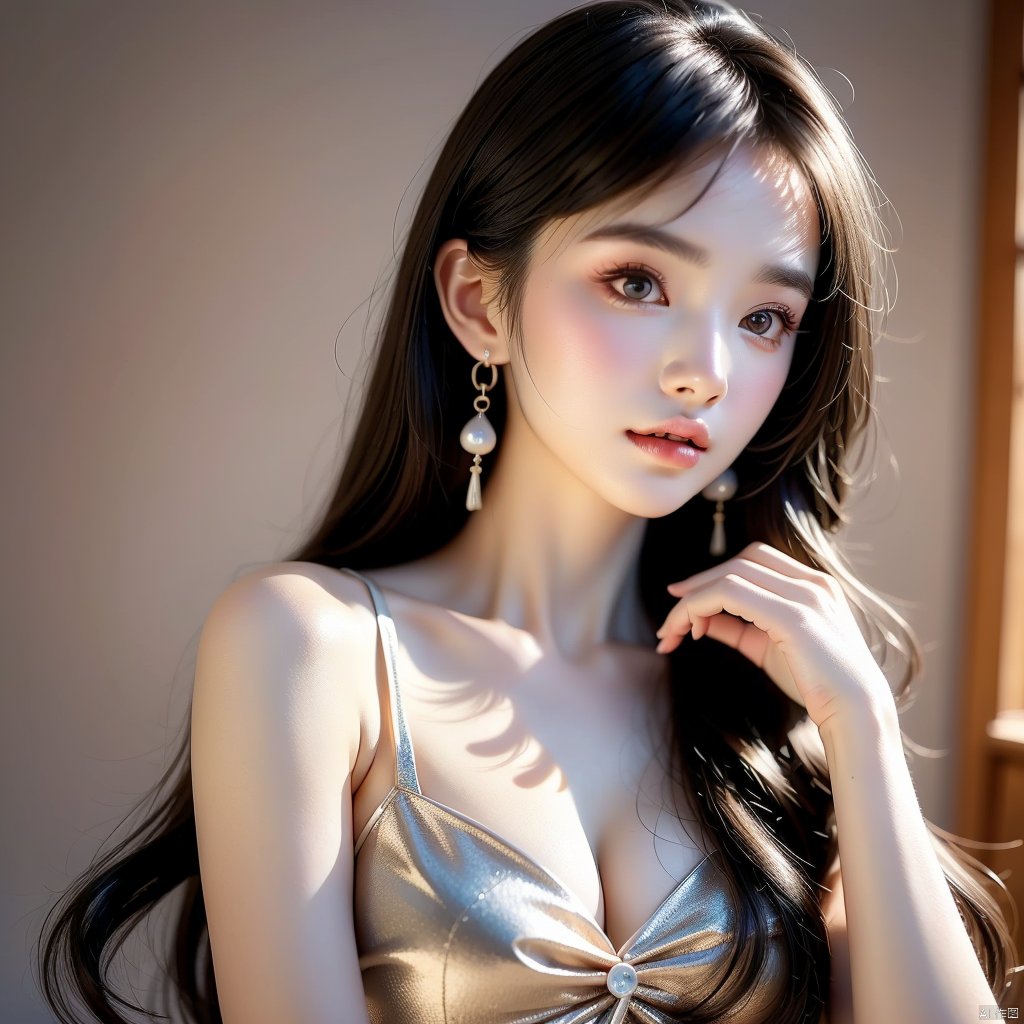 (Top quality, best quality, art, beauty and aesthetics: 1.2),Light gray background,1girl, solo, long hair, looking at viewer, brown hair, shirt, brown eyes, jewelry, closed mouth, collarbone, upper body, earrings, indoors, blurry, lips, buttons, messy hair, realistic, close-up shot,