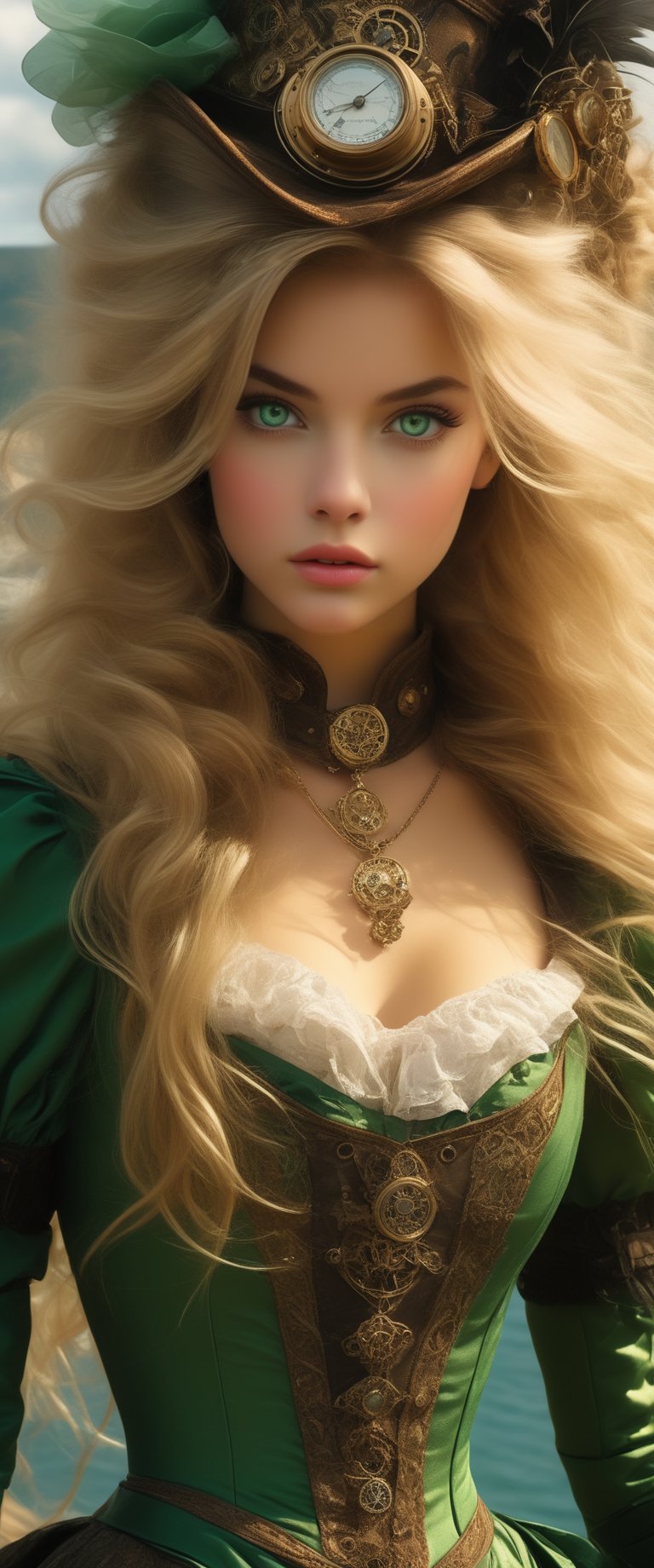 A very charming and beautiful girl. She wears a very fancy steampunk dress. Her eyes glow quite brightly in green. She has long blonde hair. This girl looks like a noblewoman. Hyperdetailing masterpiece, hyperdetailing skin, masterpiece quality, with 9k resolution. Neat, well-groomed. detalied face. good hands. Flotaing islands in background.
