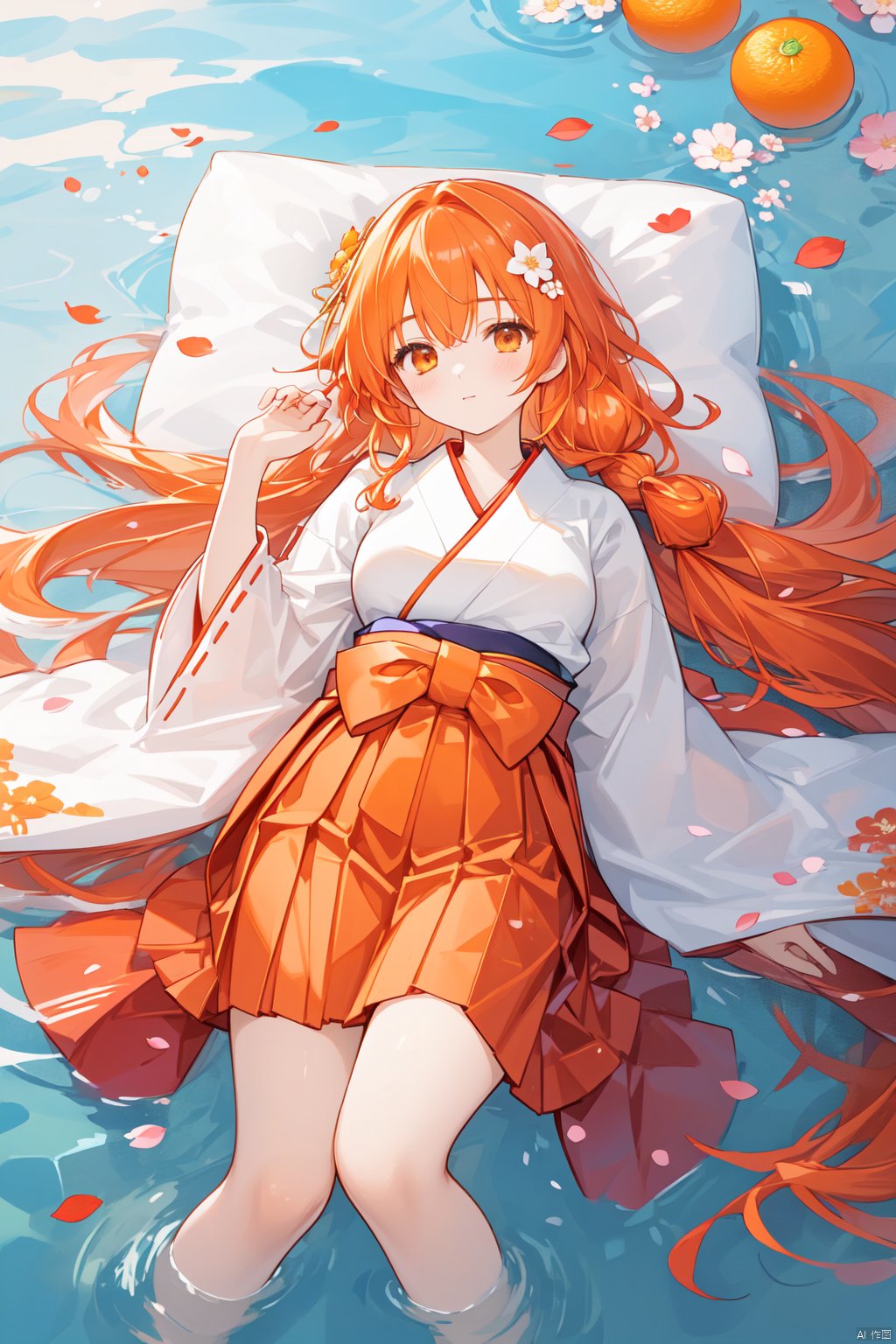 best quality, amazing quality, very aesthetic,1girl, solo, long_hair, japanese_clothes, water, lying, partially_submerged, skirt, petals, miko, hakama, afloat, on_back, orange_hair, flower, hakama_skirt, looking_at_viewer, orange_eyes, red_hakama