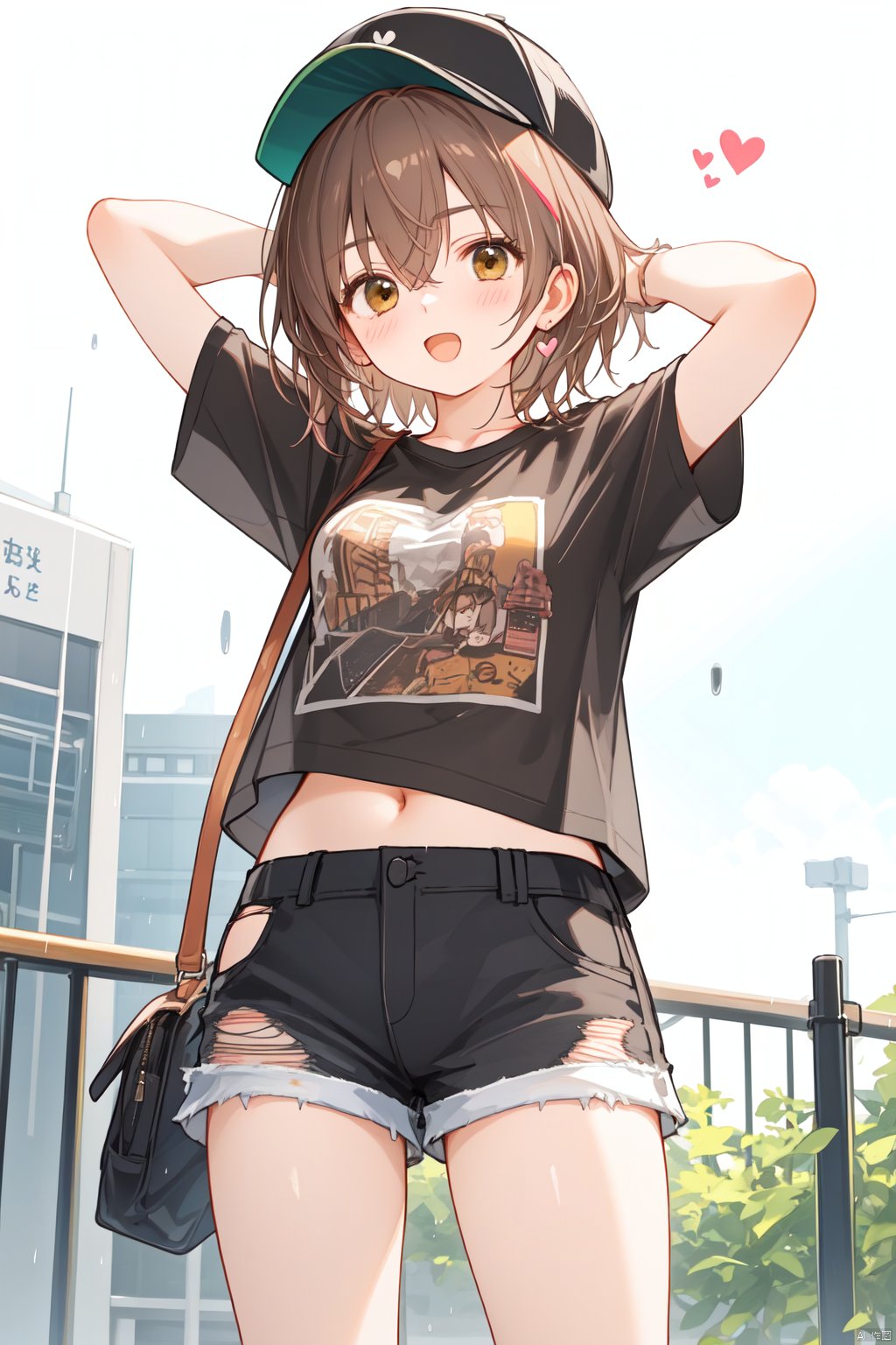 best quality, amazing quality, very aesthetic,1girl, misaka_mikoto, hat, shorts, brown_hair, solo, baseball_cap, shirt, black_shirt, brown_eyes, torn_clothes, heart_print, torn_shirt, casual, green_shorts, short_hair, heart, from_below, short_shorts, arms_up, open_mouth, t-shirt, dirty, adjusting_clothes, blush, black_headwear, rain, bangs