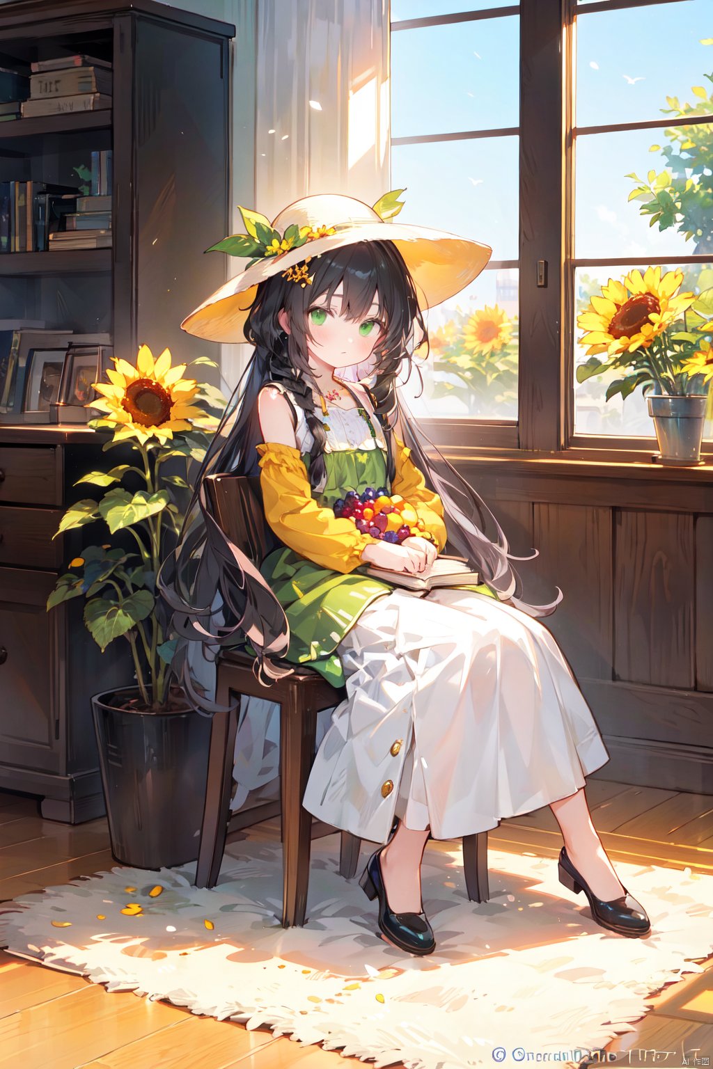  1girl, bird, flower, long hair, grapes, black hair, sitting, solo, green eyes, pillar, fruit, book, hair ornament, food, hat, plant, dress, jewelry, long sleeves, green dress, vase, braid, railing, column, very long hair, book stack, watermark, beads, full body, sunflower, yellow dress, tassel, leaf