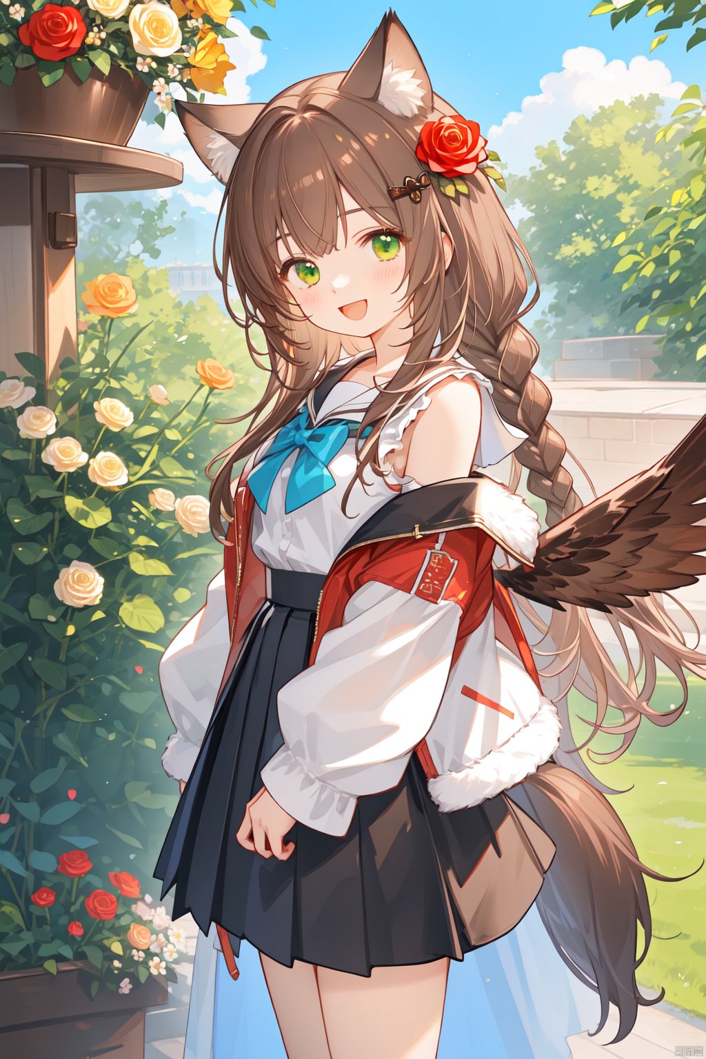 best quality, amazing quality, very aesthetic,1girl, solo, flower, skirt, bouquet, rose, animal_ears, pleated_skirt, smile, tail, virtual_youtuber, looking_at_viewer, yellow_flower, green_eyes, shirt, white_flower, off_shoulder, holding, long_sleeves, jacket, bangs, holding_bouquet, :d, multicolored_hair, outdoors, white_shirt, brown_hair, hair_ornament, white_rose, looking_to_the_side, hair_flower, sky, puffy_long_sleeves, black_skirt, orange_flower, day, puffy_sleeves, fur_trim, sailor_collar, blue_sky, yellow_rose, brown_skirt, braid, open_mouth, brown_flower, animal_ear_fluff, wide_sleeves, red_flower, brown_jacket, white_hair, fur-trimmed_sleeves, standing, wings, red_rose