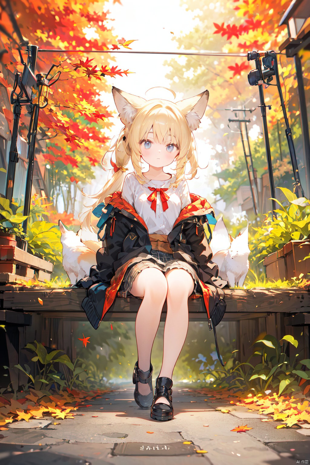  1girl, solo, looking at viewer, sitting, fox ears, full body, strappy heels,plaid shirt, short sleeves,jacket, bow, bangs, low ponytail, blonde hair fox tail, fox girl, kitsune, ((autumn, outdoors, day, forest, falling leaves, bird, leaf)), (fog, dyntall effect), (wide shot, panorama, full body, depth of field),(movie poster,english text),(Flagstone road,branches)