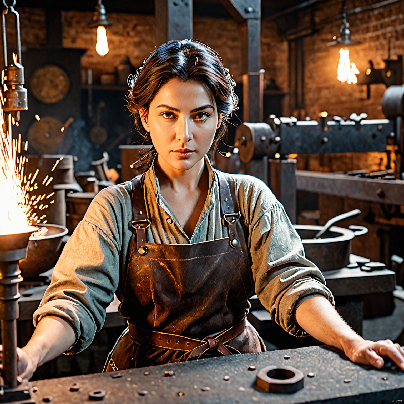  (((photographic))), Euphemina, blacksmith outfit, solo, disdain, wrinkles, shaded face, upper body, looking at viewer, forge background, anvil, sparks (Masterpiece), best quality, (illustration), (ultra-detailed), hyper details, (delicate detailed), (intricate details), octane render, hdr, (hyperdetailed), (soft light), (glowing eyes), ambient occlusion, ambient light, raytraced reflections,(best illumination, an extremely delicate and beautiful), ((cinematic lighting)), (soft), BREAK, 35mm photograph, grainy, professional, 8k, highly detailed, Leica M50 F/1.9