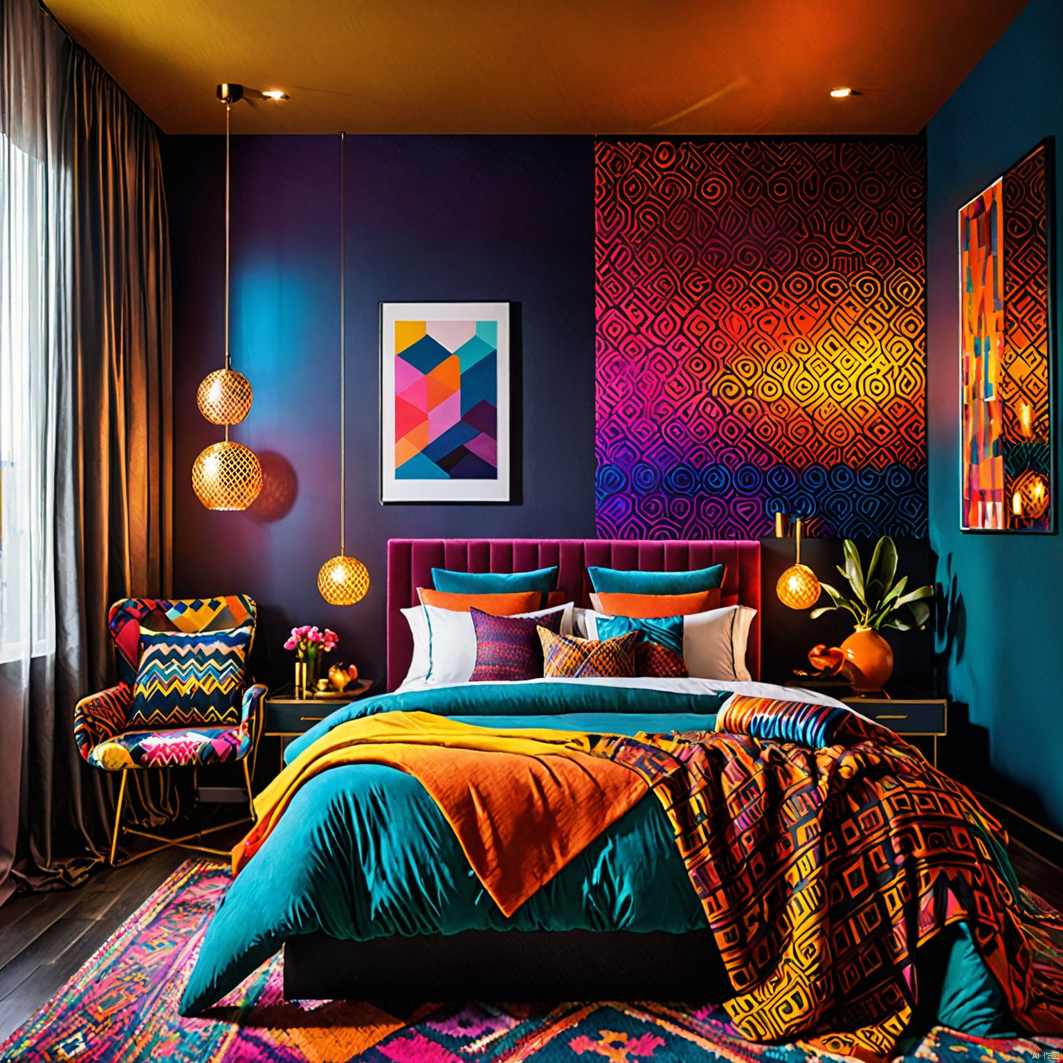  Cute girl, Sexy pose, Fashionable ,Vibrant colors, colorful clothes, Confident expression, Majestic environmental elements, Striking and modern cover design, Trendy and attention-grabbing background, Center of focus is fashion.in the dark,deep shadow,Bohemian-style bedroom design with integrated modern technology. Emphasize vibrant colors, eclectic patterns, and a mix of textures. The room should feel free-spirited and artistic, with unconventional decor and smart home gadgets. Consider including elements like programmable mood lighting and artistic digital displays. This design should foster a sense of creativity and unconventionality, appealing to those who love a lively, tech-savvy, and unconventional living space.