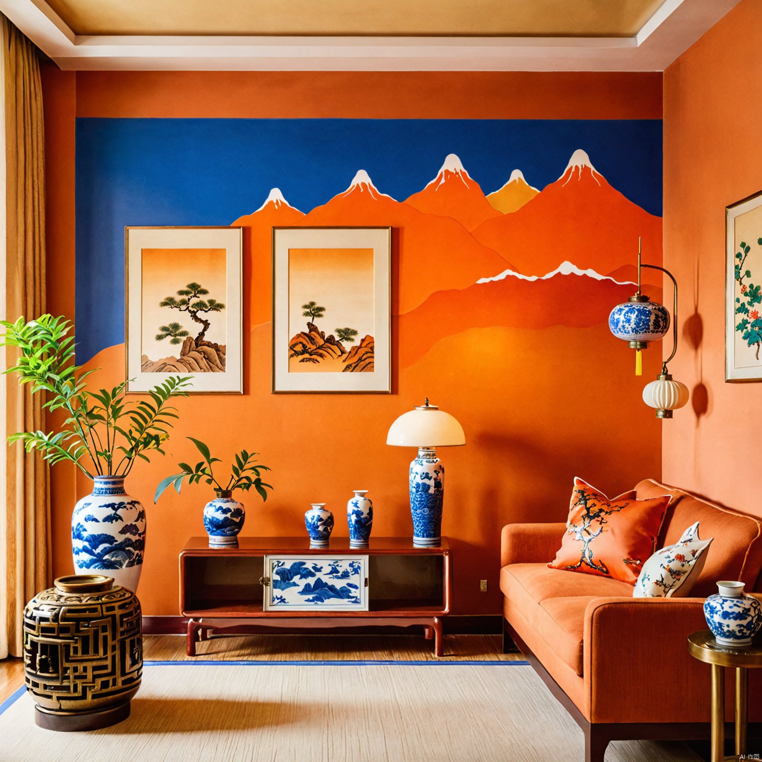  The living room features deep orange walls and vintage furniture in a Chinese-style interior design, with blue and white porcelain art prints on the wall showcasing natural illustrations of animals, forests, mountains, and sunlight. The space incorporates gradient and color blocking, crafted in a minimalistic style. An indoor plant is placed with a ceramic vase that has a marble texture, and the table lamp is elegantly shaped. The decor blends Chinese classical with retro European and American styles.