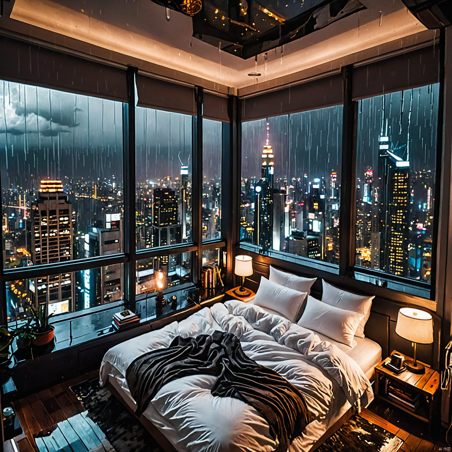  moody aesthetic, beautiful cozy, cramped bedroom with floor to ceiling glass windows overlooking a cyberpunk city at night, view from top of skyscraper, white bedsheets, bookshelves, thunderstorm outside with torrential rain, detailed, high resolution, photorrealistic, dark, gloomy