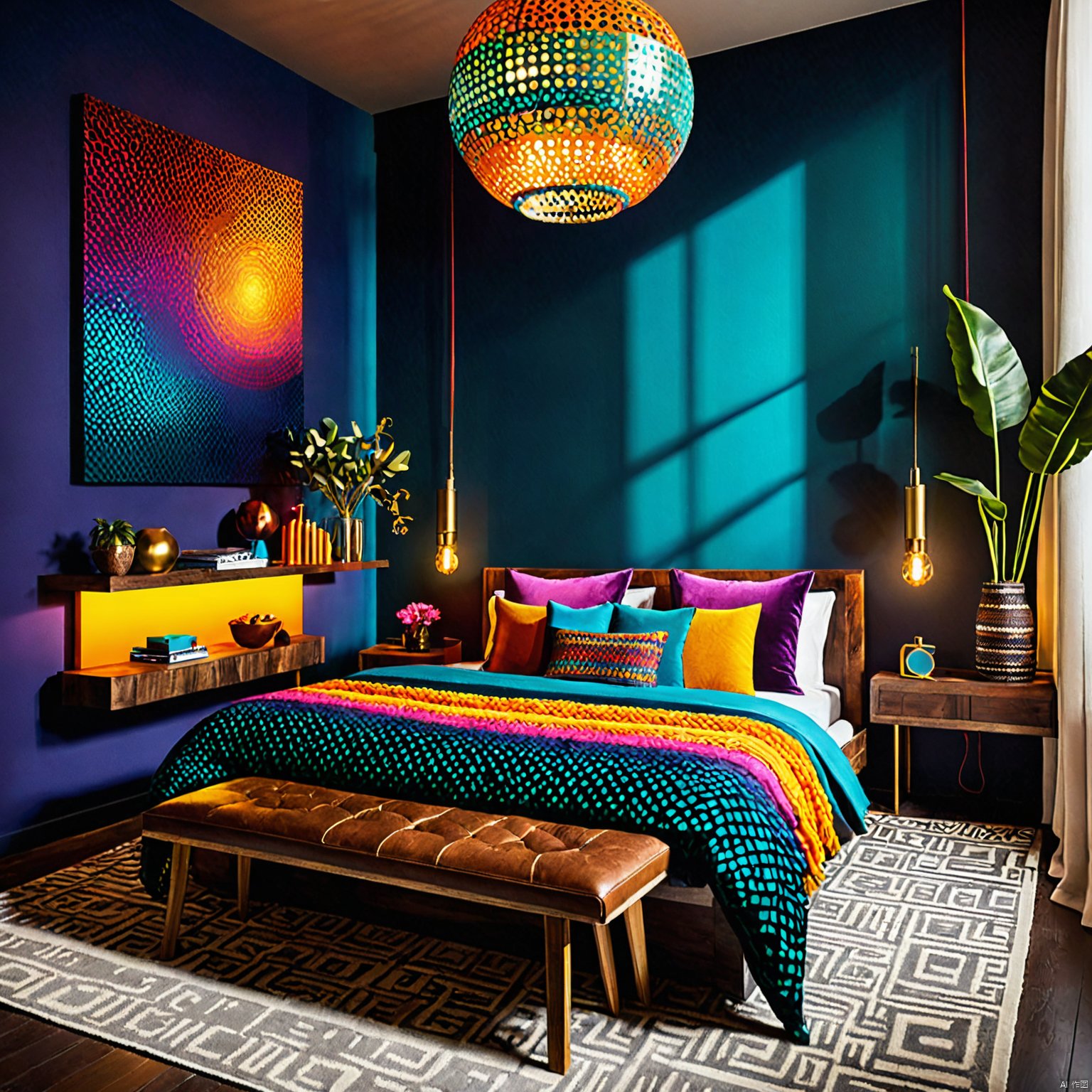  Cute girl, Sexy pose, Fashionable ,Vibrant colors, colorful clothes, Confident expression, Majestic environmental elements, Striking and modern cover design, Trendy and attention-grabbing background, Center of focus is fashion.in the dark,deep shadow,Bohemian-style bedroom design with integrated modern technology. Emphasize vibrant colors, eclectic patterns, and a mix of textures. The room should feel free-spirited and artistic, with unconventional decor and smart home gadgets. Consider including elements like programmable mood lighting and artistic digital displays. This design should foster a sense of creativity and unconventionality, appealing to those who love a lively, tech-savvy, and unconventional living space.