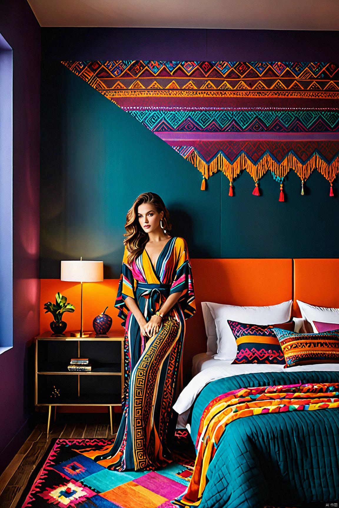  Cute girl, Sexy pose, Fashionable ,Vibrant colors, colorful clothes, Confident expression, Majestic environmental elements, Striking and modern cover design, Trendy and attention-grabbing background, Center of focus is fashion.in the dark,deep shadow,Bohemian-style bedroom design with integrated modern technology. Emphasize vibrant colors, eclectic patterns, and a mix of textures. The room should feel free-spirited and artistic, with unconventional decor and smart home gadgets. Consider including elements like programmable mood lighting and artistic digital displays. This design should foster a sense of creativity and unconventionality, appealing to those who love a lively, tech-savvy, and unconventional living space.