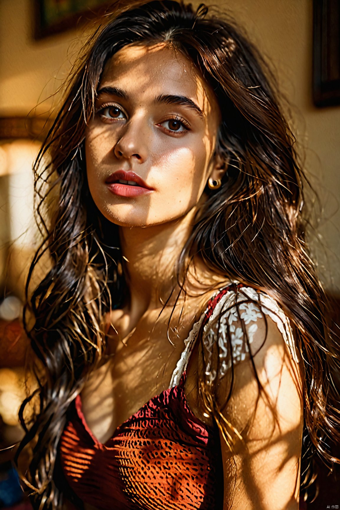  1girl in the living room\(Bohemian-style\), solo,realistic, upper_body, sleeveless, lips, long_hair, brown_eyes,(chiaroscuro,Fujicolor, UHD, super detail ,raw,85mm,f/1.2,FujifilmXT4)