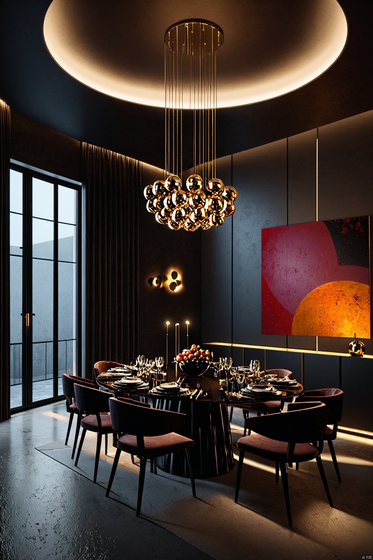  zen,There is a large dining table with chairs and vases on top, key lighting, peugot onyx, vray, beautiful, rendered in Lumion Pro, Corona renderer, vray lighting, ultra realistic rendering, avant-garde lighting, dark concrete room, 8k, Unreal Engine 5, 4k rendering, volume lighting - h 7 6 8, dark exhibition hall, 3dsmax+vray, surrealist lighting studio, edge lighting, 16k, octane rendering, Pinterest, Warm lighting inside, modern lighting,high detail,extremely detailed, best quality, masterpiece, high resolution, Photorealism, Hyperrealistic, Realistic, 8Kcorona render, octane render, 3ds maxzen,