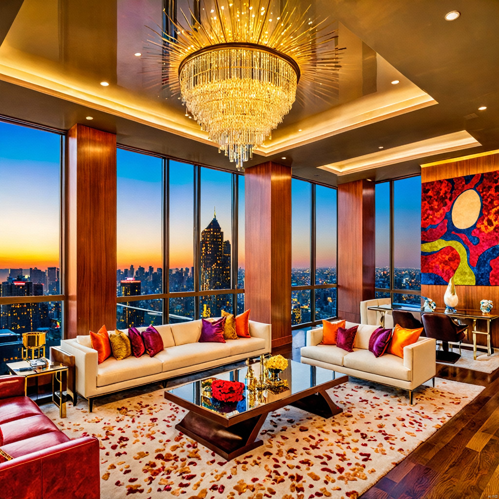  Dream homes,Panoramic city views, opulent furnishings, mirrored ceilings, high-end textiles, sleek surfaces, ambient mood lighting, lavish art collection, private elevator, expansive terrace