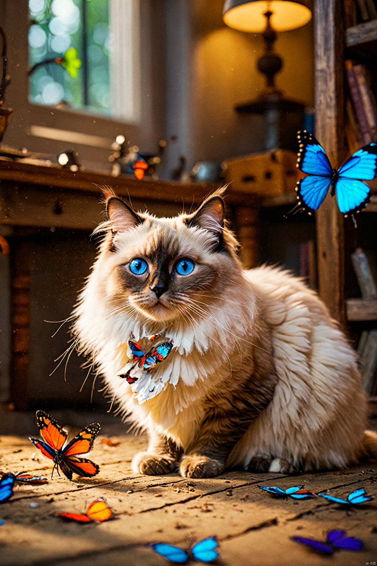  A cute (Ragdoll\(cat\)) with butterfly, colorful, clutter, ultra detailed, mysterious, scary, perfect environment, cinematic lighting, product photography, unreal engine, 8K, cgart butterfly