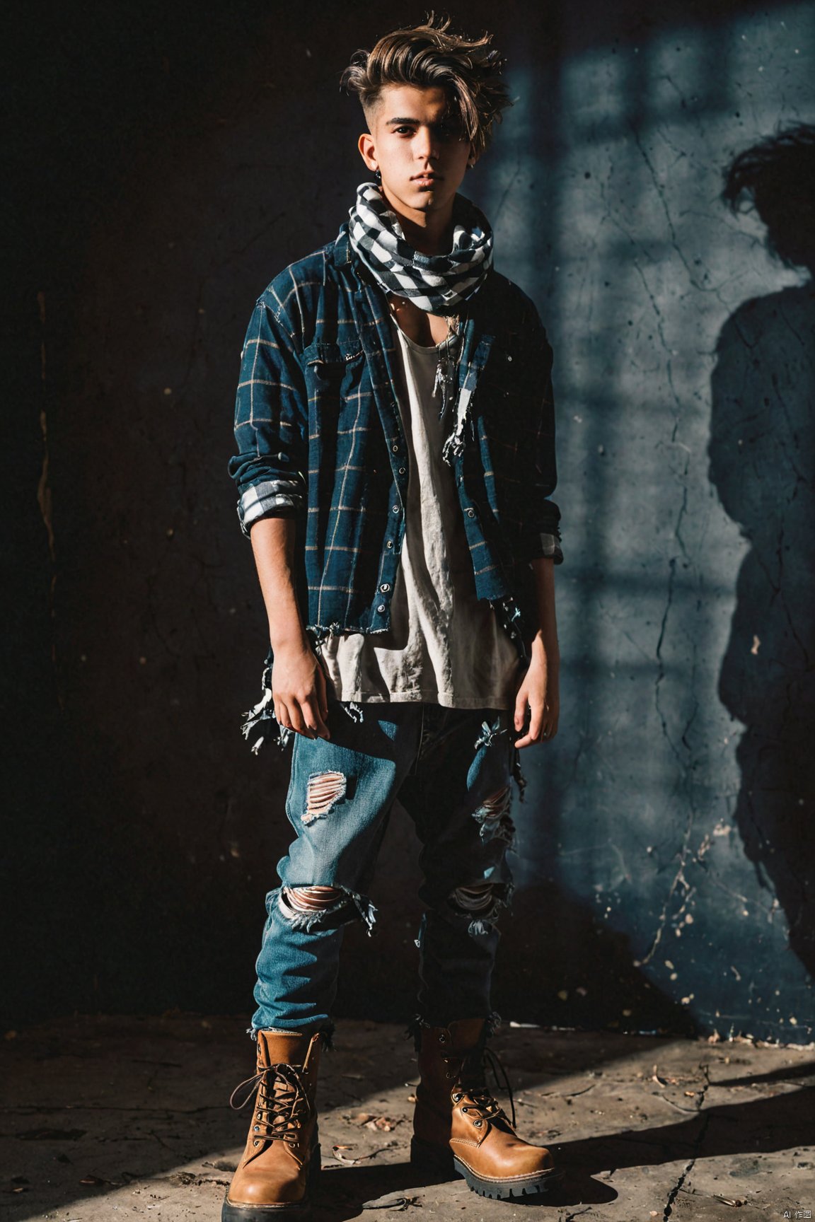  photographic of a boy, clear facial contour, upper body, looking at viewer, grunge style, flannel shirts, ripped jeans, oversized sweaters, combat boots, bandanas, layered clothing. Beautiful dynamic dramatic dark moody lighting, volumetric, shadows, BREAK, 35mm photograph, grainy, professional, 8k, highly detailed, Hasselbald 50mm lens f/1.9,[by ethan for CGArt Mayfly model]