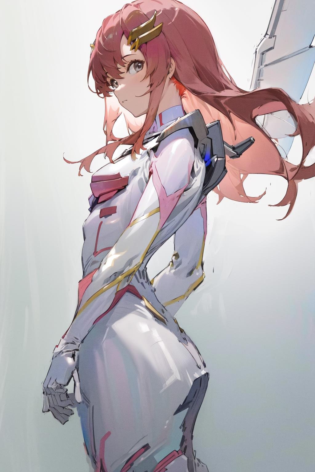 masterpiece, best quality, highres, 1girl hair ornament, pilot suit white gloves <lora:lacus_clyne_pilot_suit:1> from side, looking at viewer