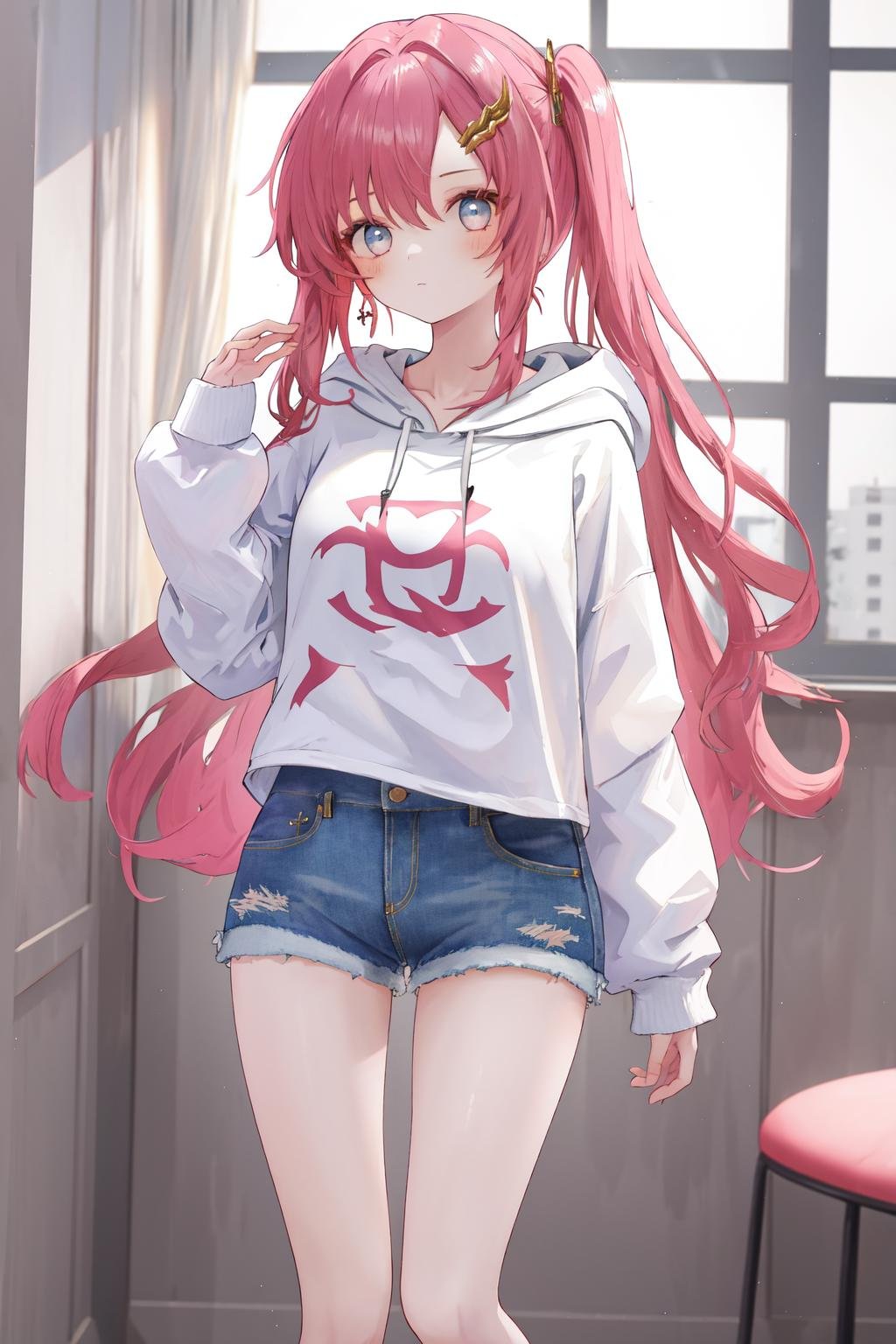 masterpiece, best quality, highres, 1girl hair ornament <lora:lacus_clyne_pilot_suit:1> hoodie, denim shorts